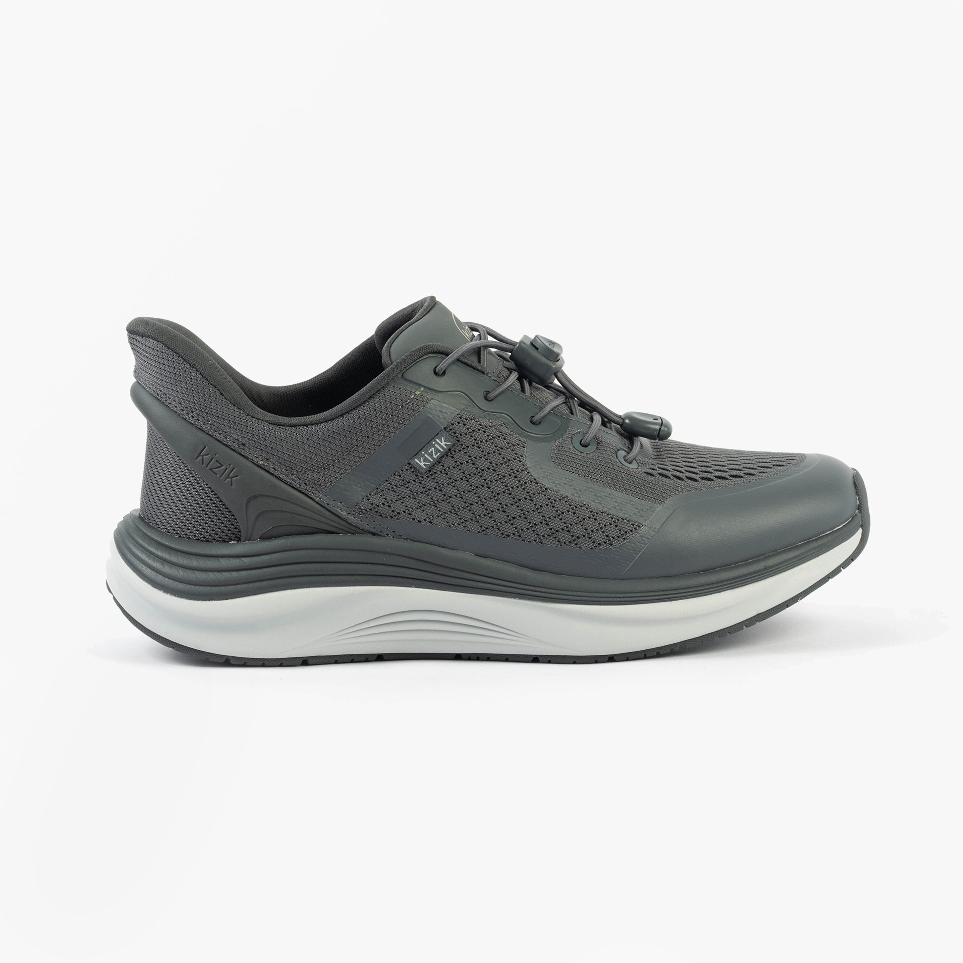 Kizik LONDON Mens Trainers Castlerock side view in grey mesh with rubber sole for casual wear.