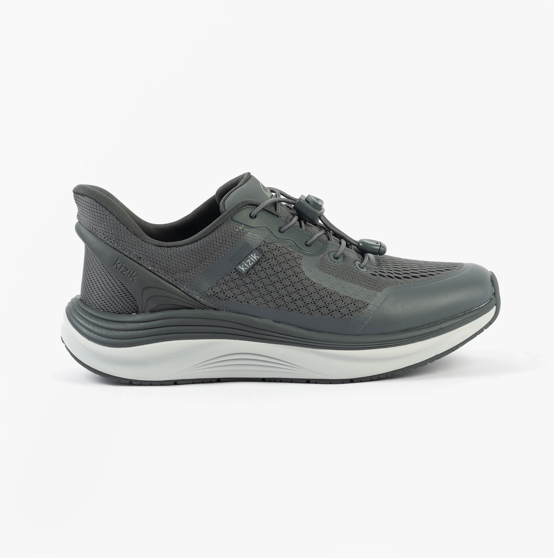 Kizik LONDON Mens Trainers Castlerock side view in grey mesh with rubber sole for casual wear.