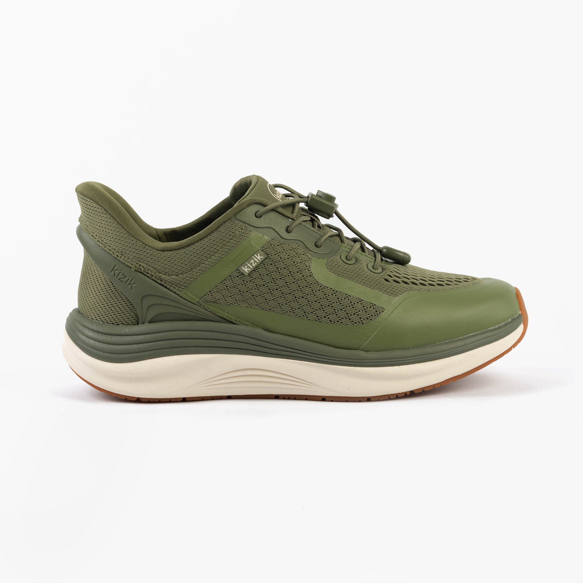 Kizik LONDON Mens Trainers Mayfly side view in green mesh and rubber, casual low top lace-up shoes.