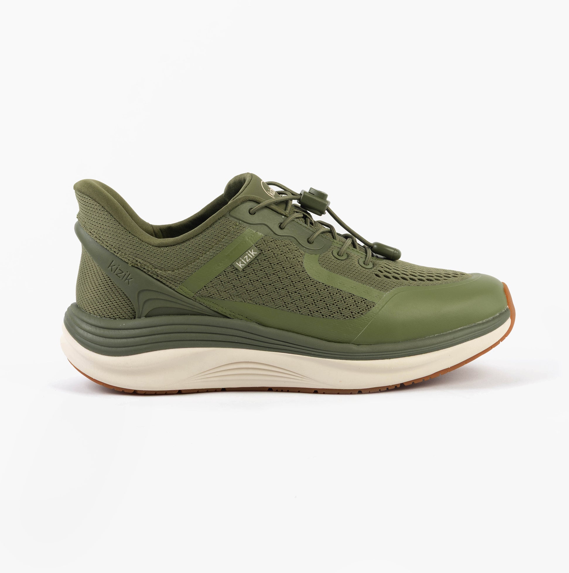 Kizik LONDON Mens Trainers Mayfly side view in green mesh and rubber, casual low top lace-up shoes.