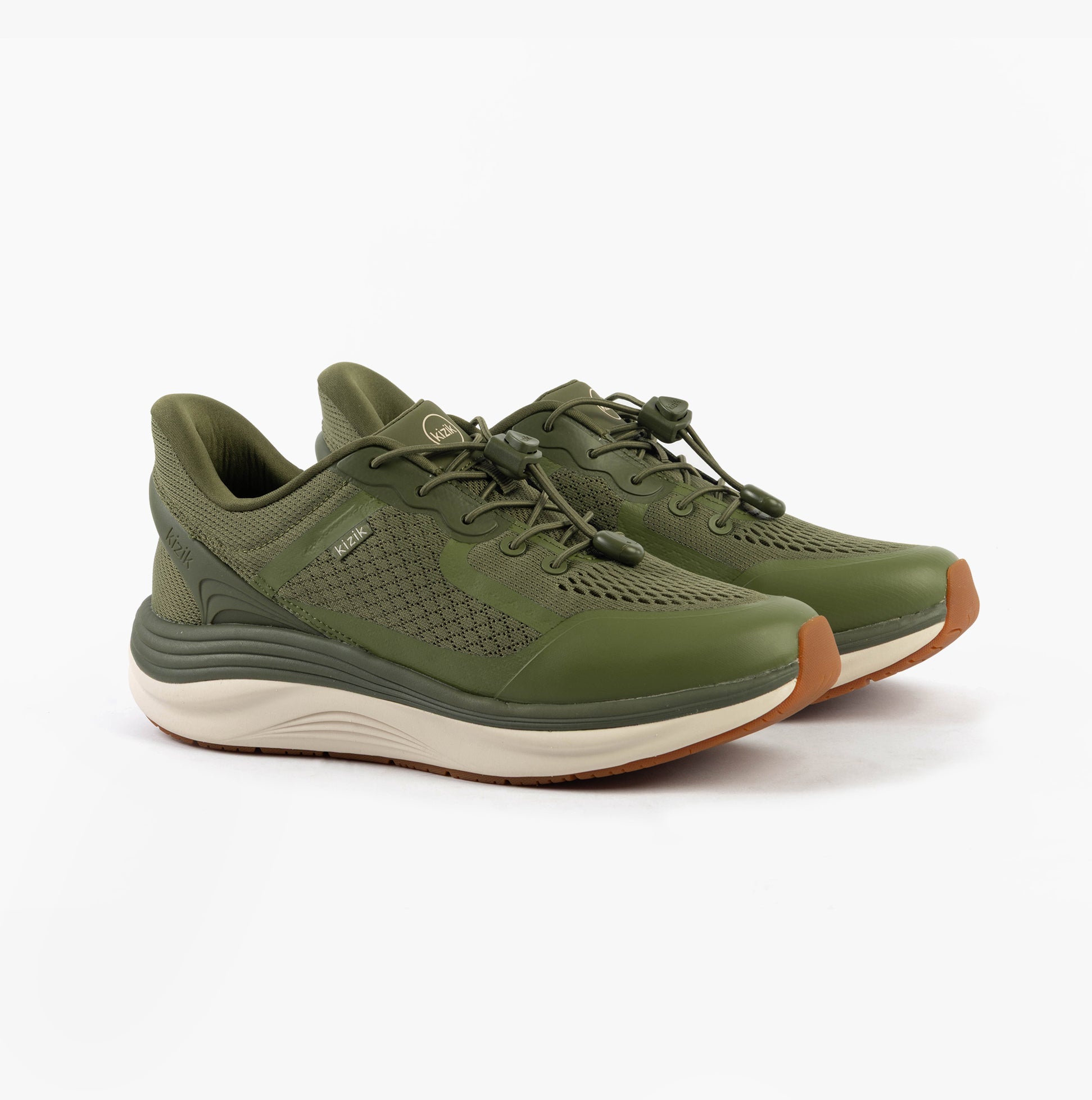 Kizik LONDON Mens Trainers Mayfly side view in green mesh upper with rubber sole.