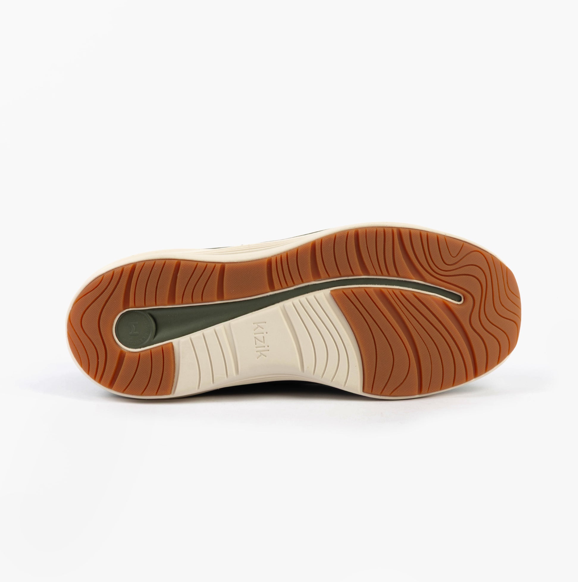 Kizik LONDON Mens Trainers Mayfly sole view featuring rubber materials and textured design.