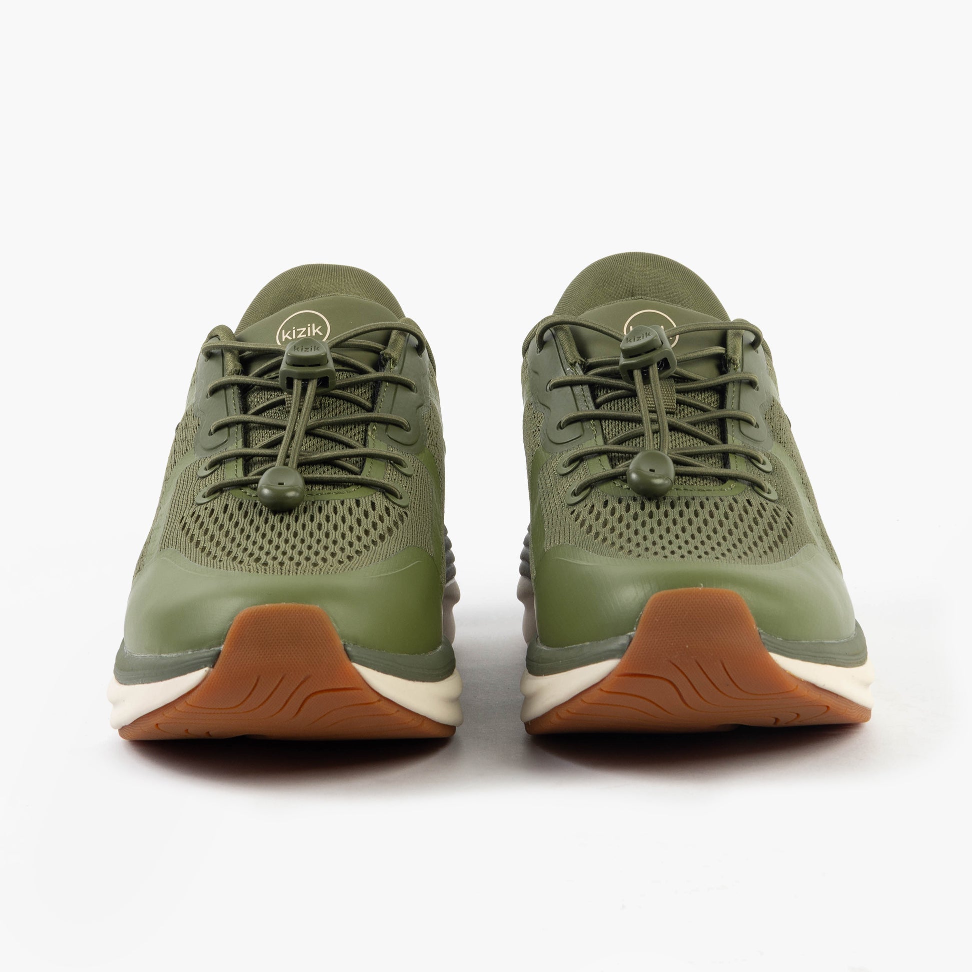 Kizik LONDON Mens Trainers Mayfly front view in green color, featuring lace-up closure and low top design.