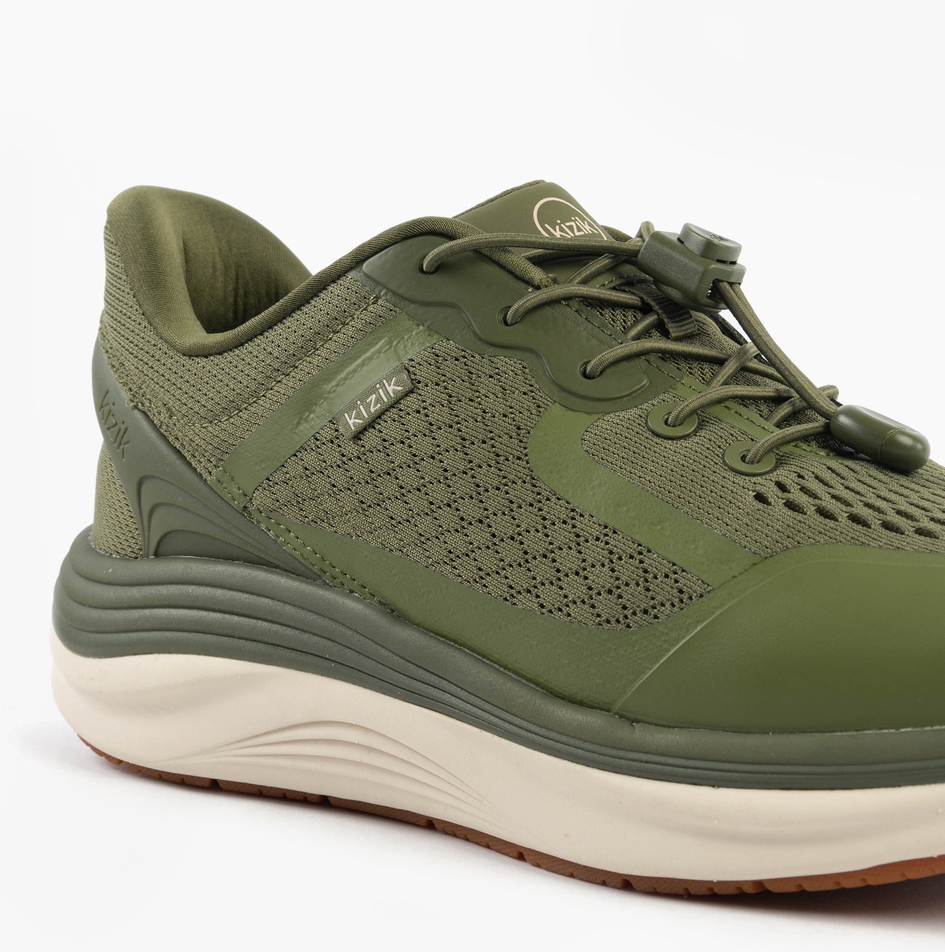 Kizik LONDON Mens Trainers Mayfly side view in olive green, featuring a mesh upper and rubber sole.