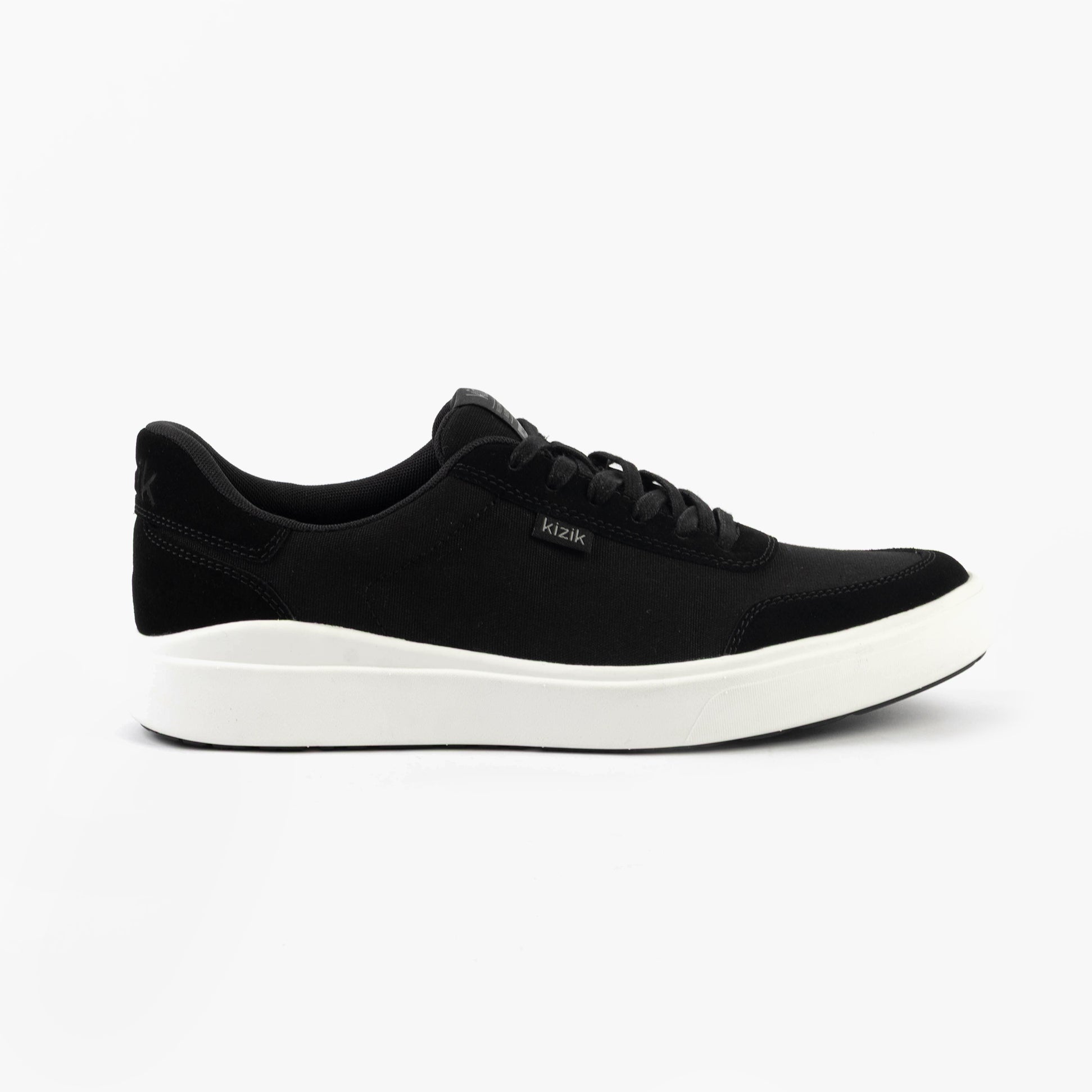 Kizik PRAGUE 2.0 Mens Trainers Black side view with canvas upper and rubber sole