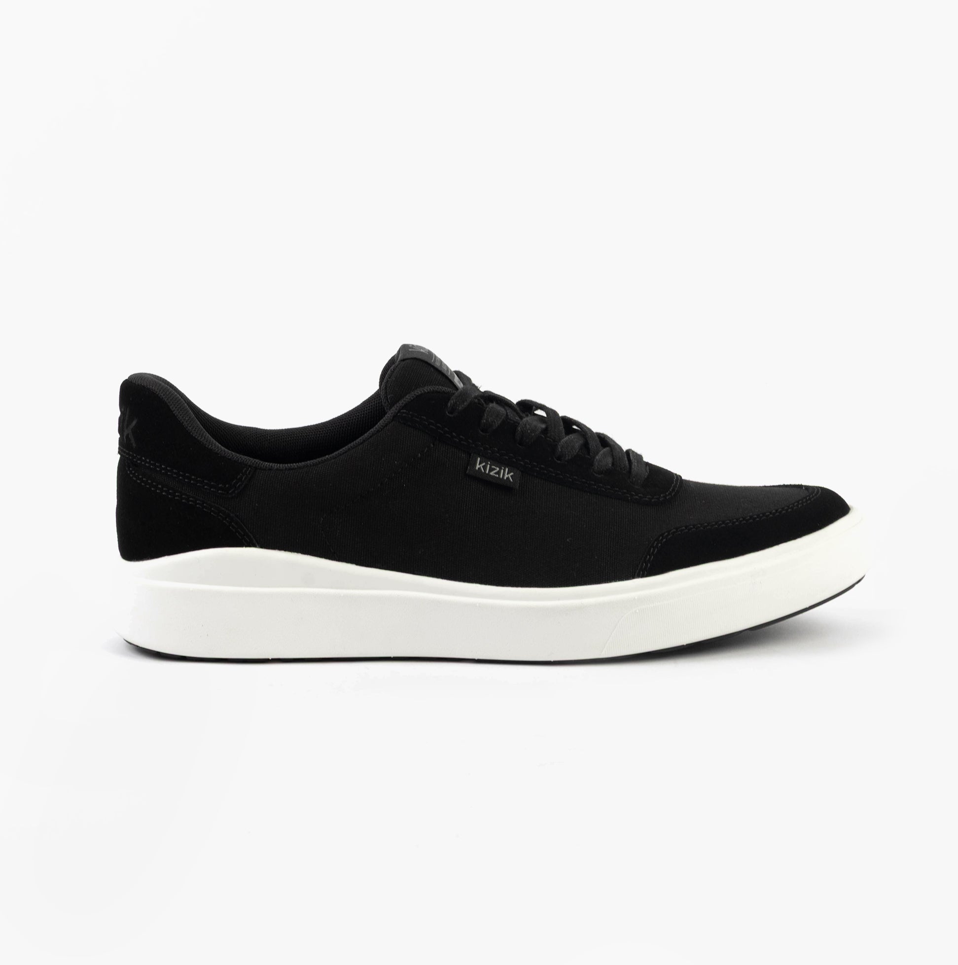 Kizik PRAGUE 2.0 Mens Trainers Black side view with canvas upper and rubber sole