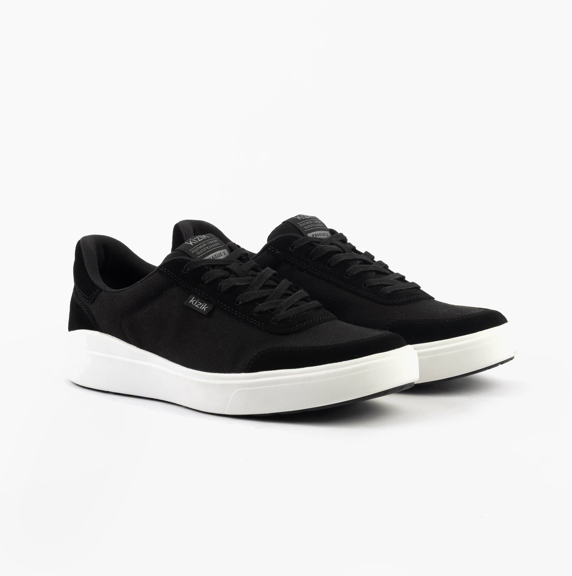 Kizik PRAGUE 2.0 Mens Trainers Black side view showcasing canvas upper and rubber sole.