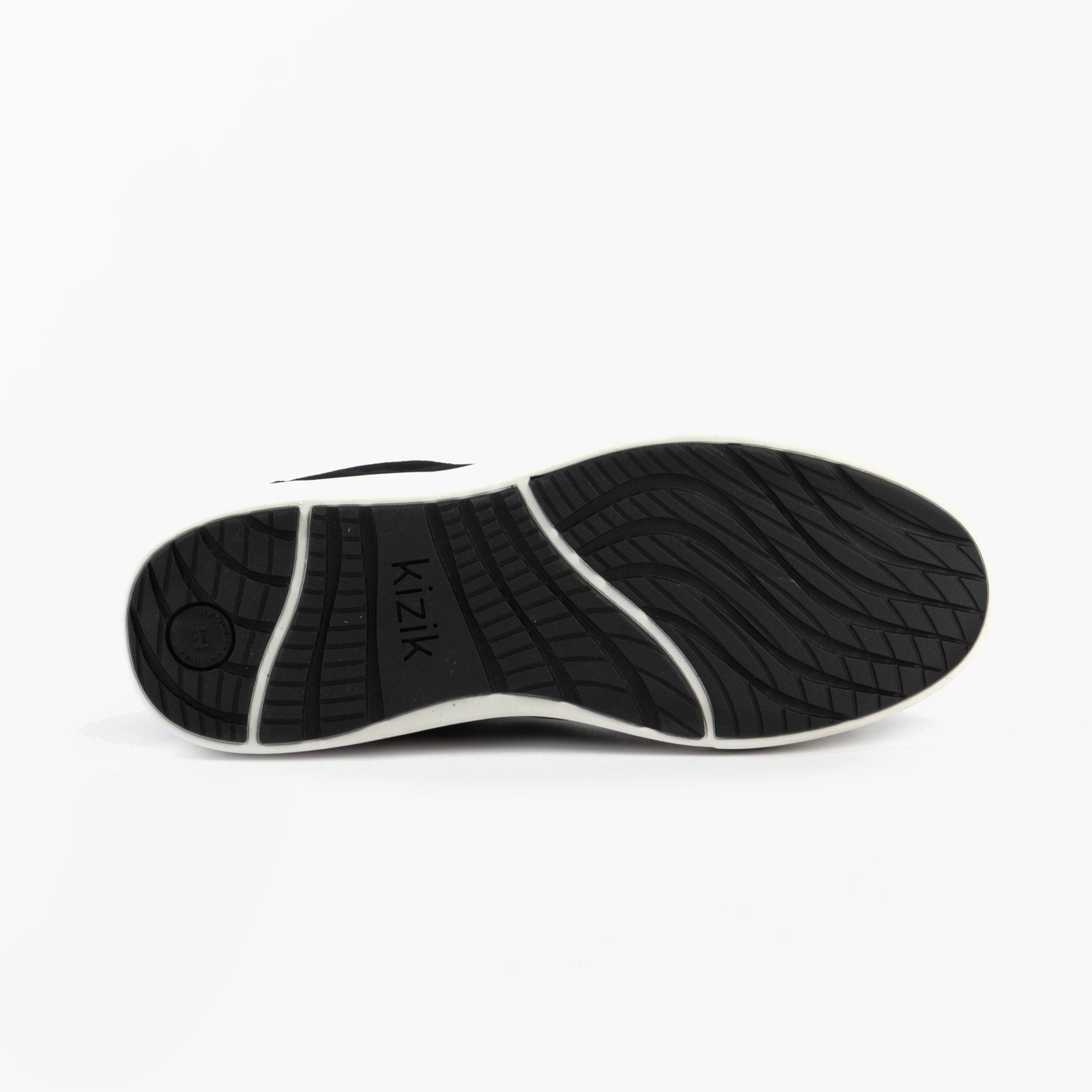 Kizik PRAGUE 2.0 Mens Trainers Black bottom view showing rubber sole with tread detail.