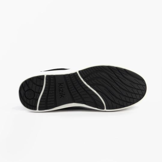 Kizik PRAGUE 2.0 Mens Trainers Black bottom view showing rubber sole with tread detail.