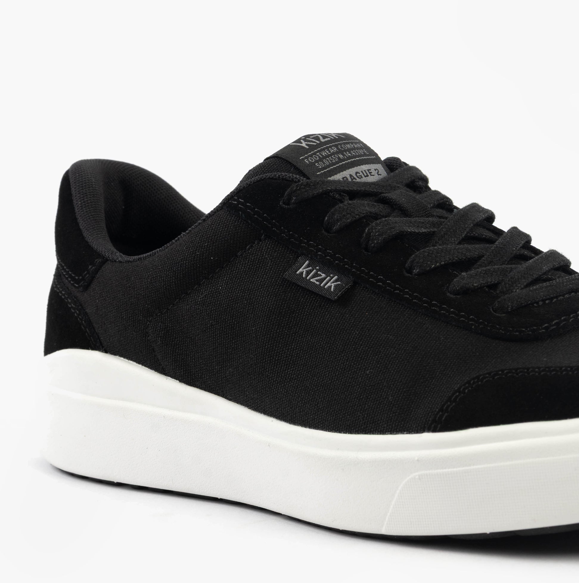 Kizik PRAGUE 2.0 Mens Trainers Black side view highlighting canvas upper and lace-up closure.
