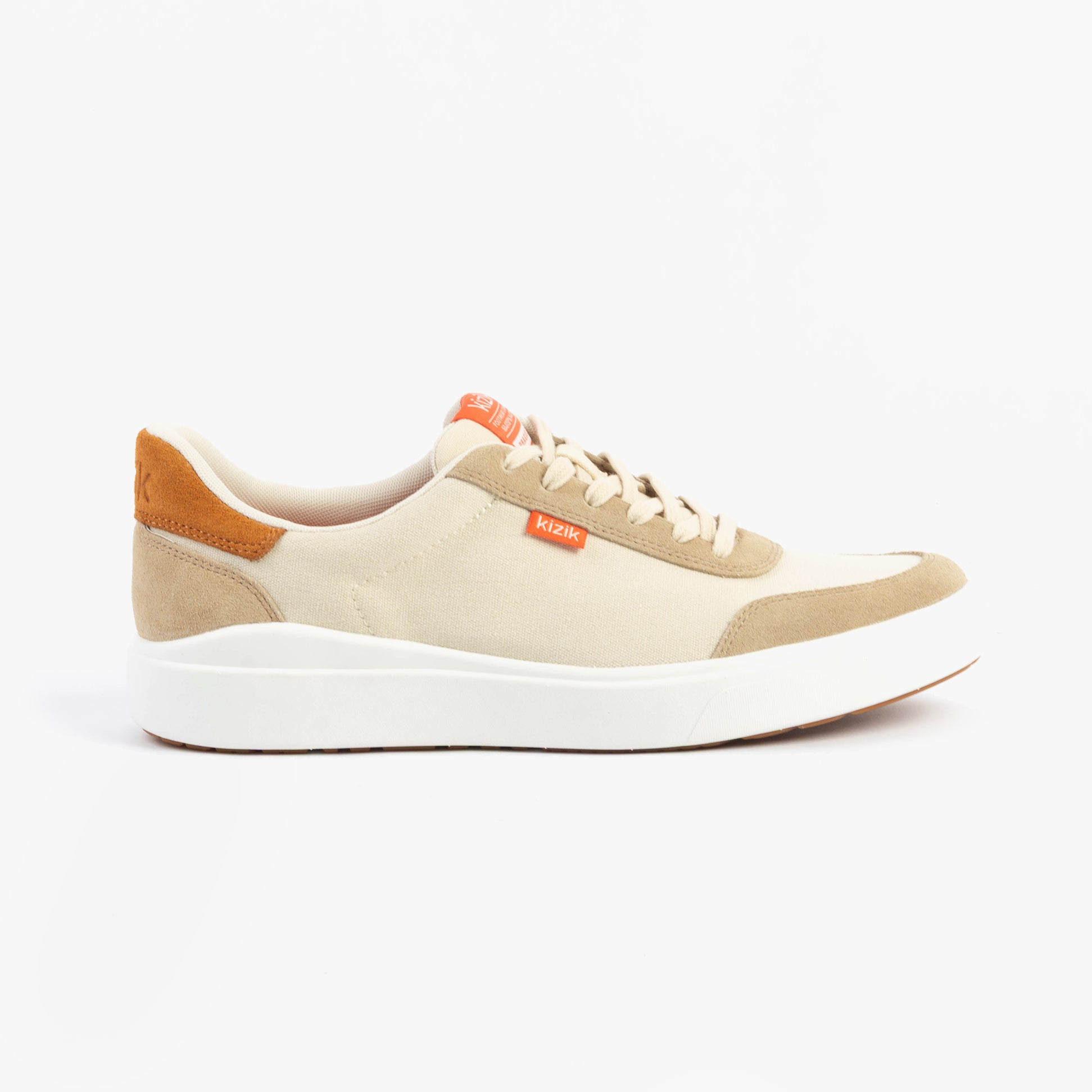 Kizik PRAGUE 2.0 Mens Trainers Whitecap Grey side view showcasing beige canvas upper and orange logo.