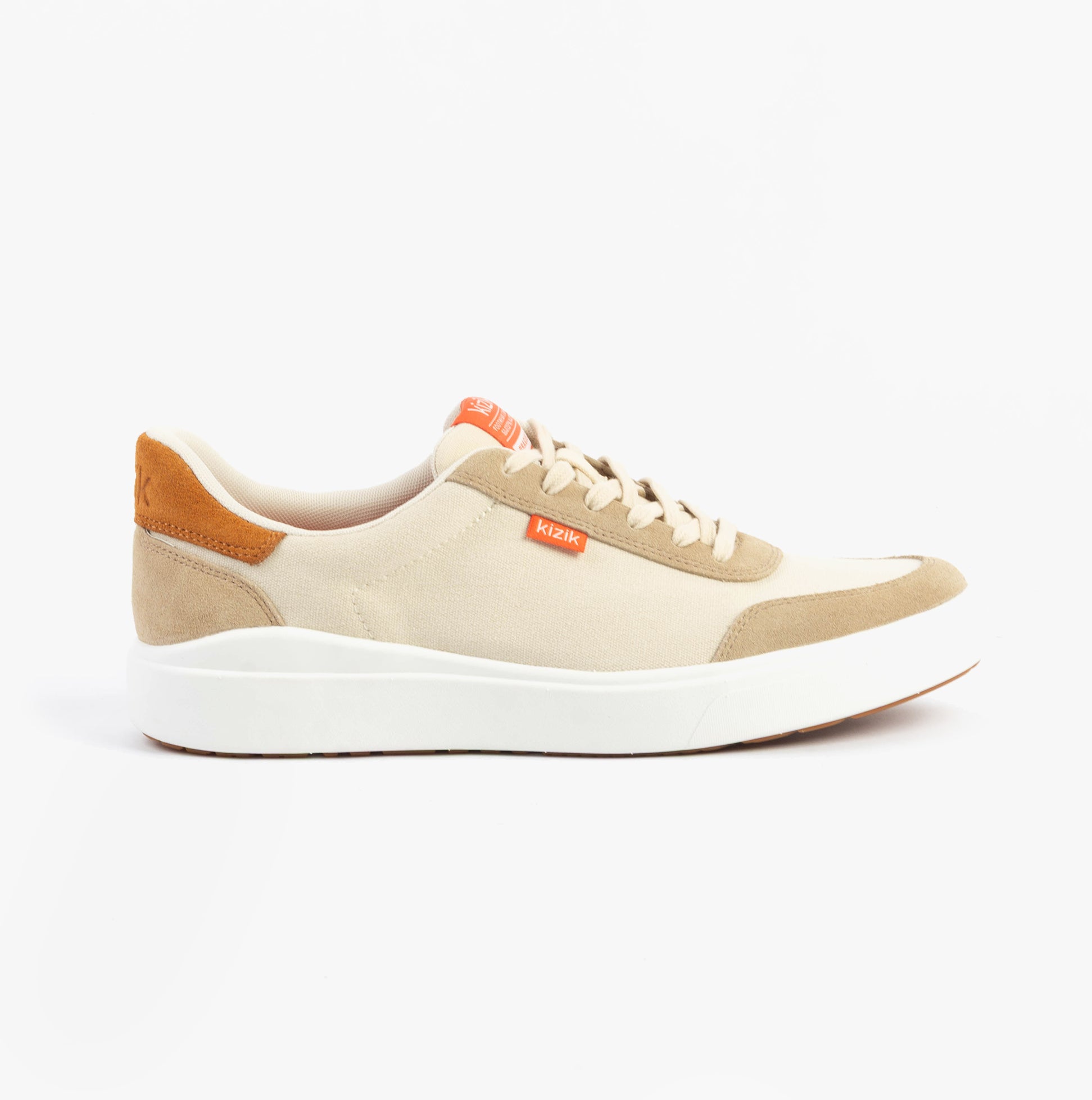 Kizik PRAGUE 2.0 Mens Trainers Whitecap Grey side view showcasing beige canvas upper and orange logo.