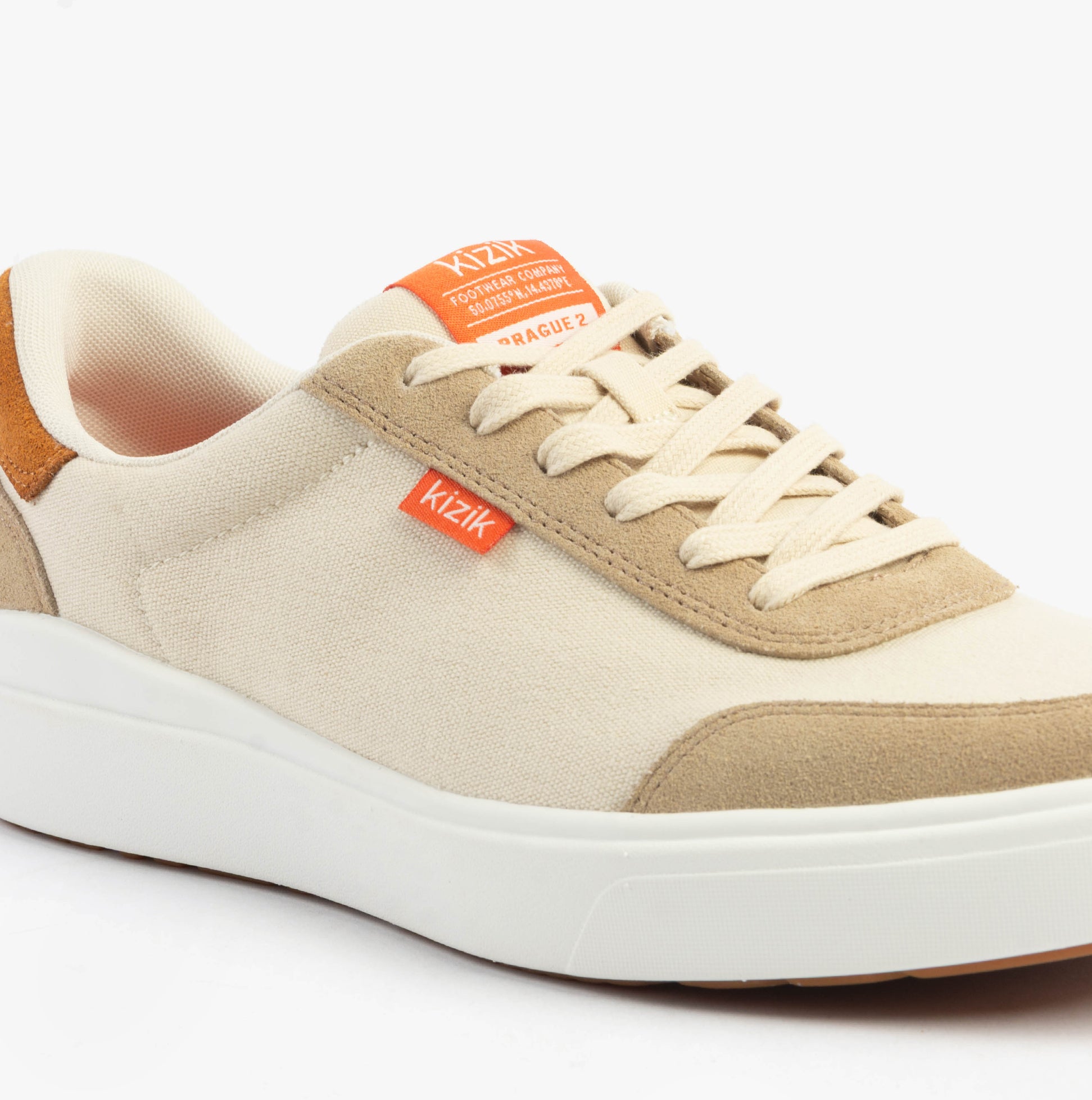 Kizik PRAGUE 2.0 Mens Trainers Whitecap Grey side view showcasing canvas upper and lace-up closure.