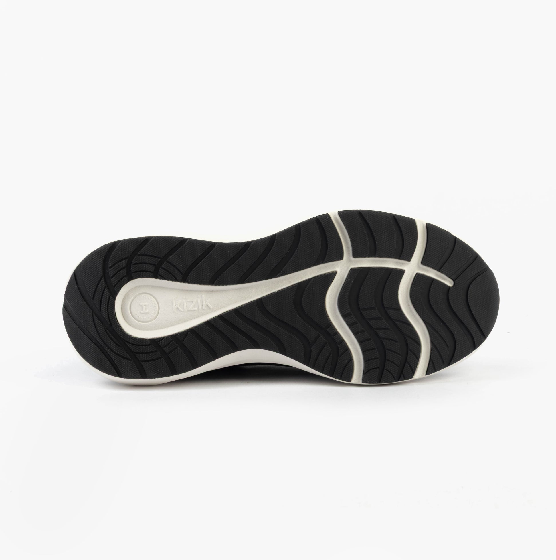 Kizik ATHENS 2.0 Womens Trainers Black bottom view showcasing rubber sole design and tread.