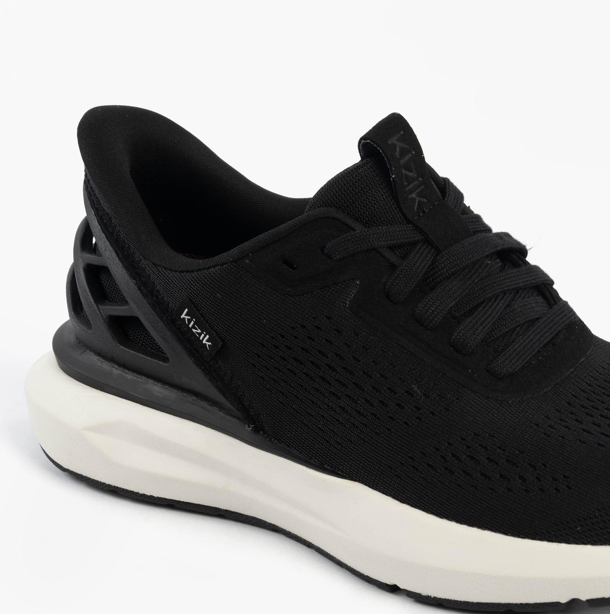 Kizik ATHENS 2.0 Womens Trainers Black detail view with mesh upper and rubber sole.