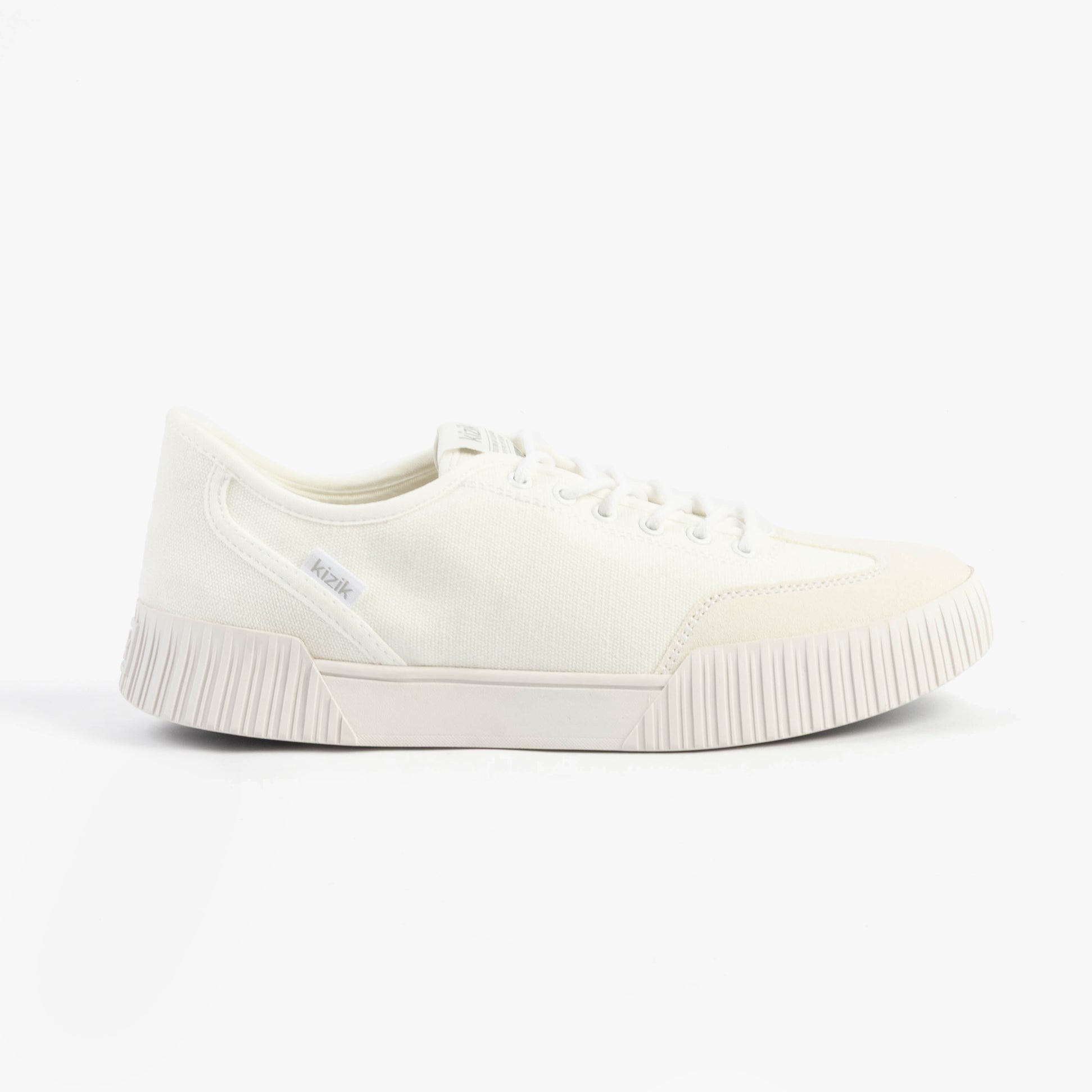 Kizik BROOKLYN Womens Trainers Bright White side view, casual canvas upper with lace-up closure and rubber sole.