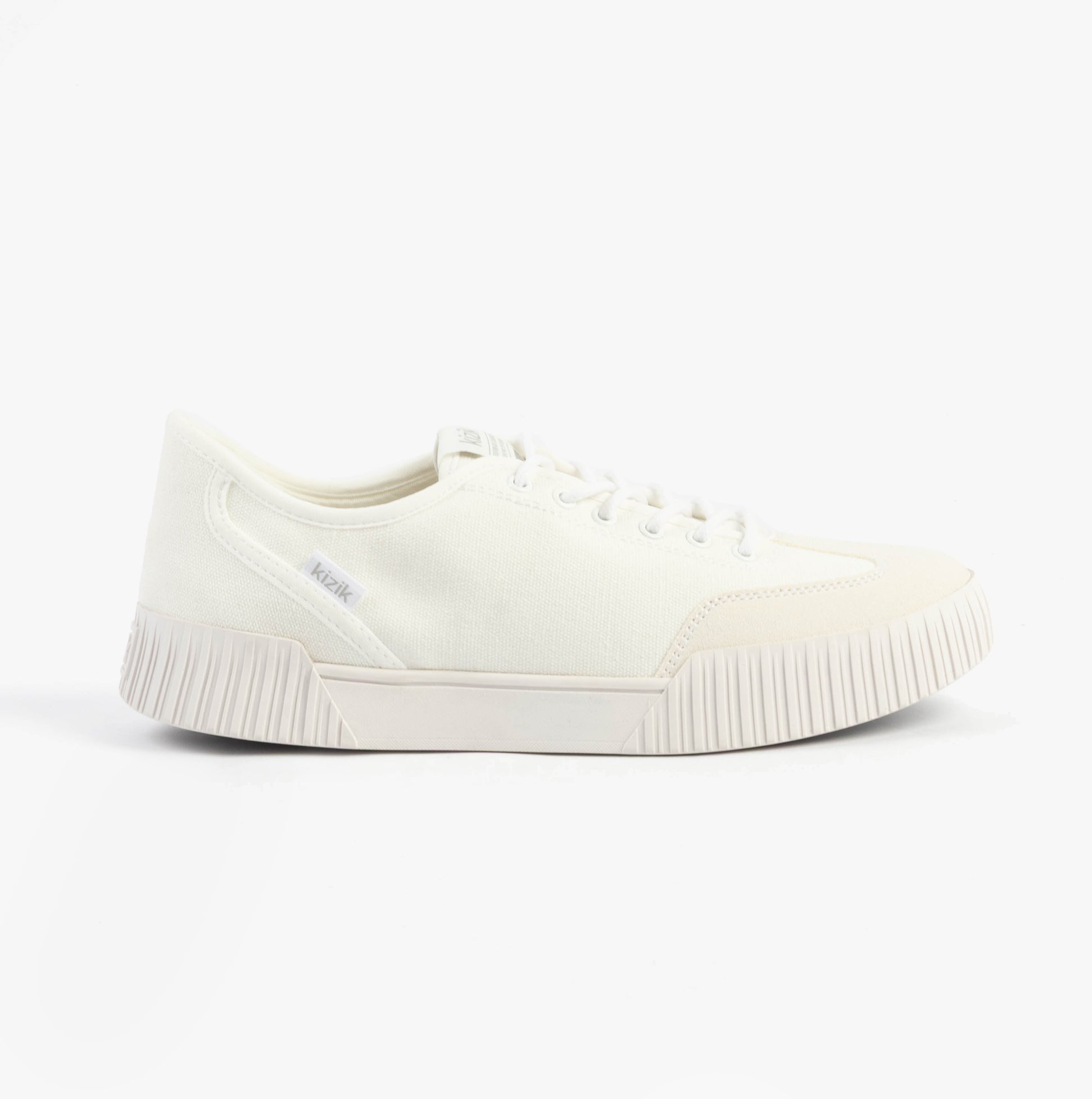 Kizik BROOKLYN Womens Trainers Bright White side view, casual canvas upper with lace-up closure and rubber sole.