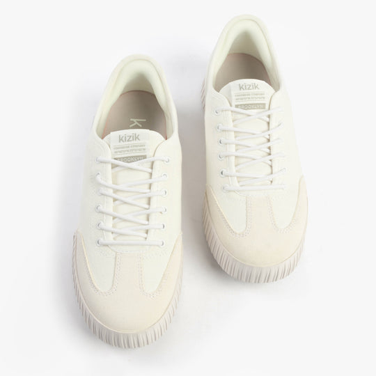 Kizik BROOKLYN Womens Trainers Bright White top view showcasing casual lace-up design and round toe.