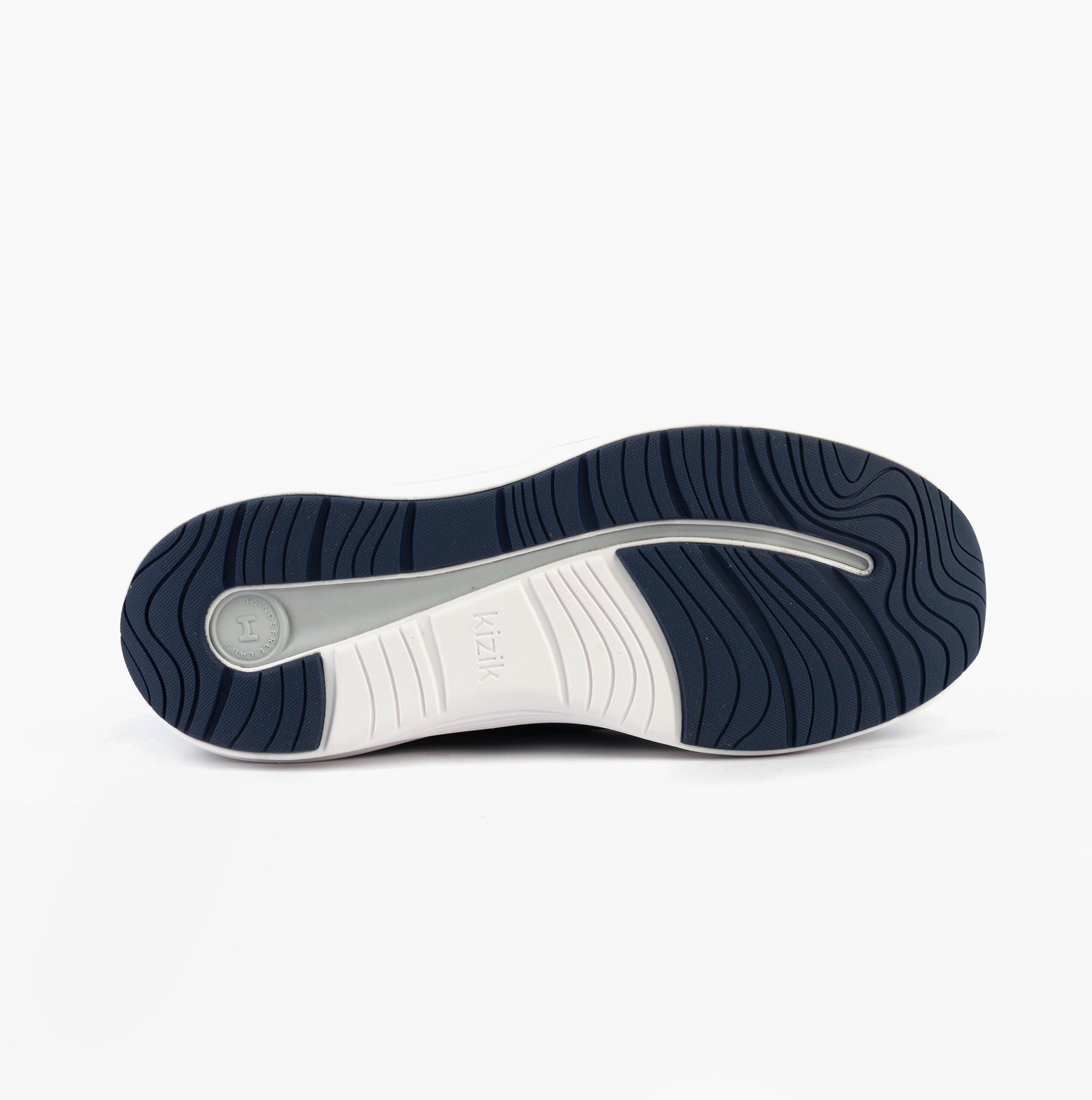 Kizik LONDON Womens Trainers Coronet Blue sole view showing rubber sole and groove details.