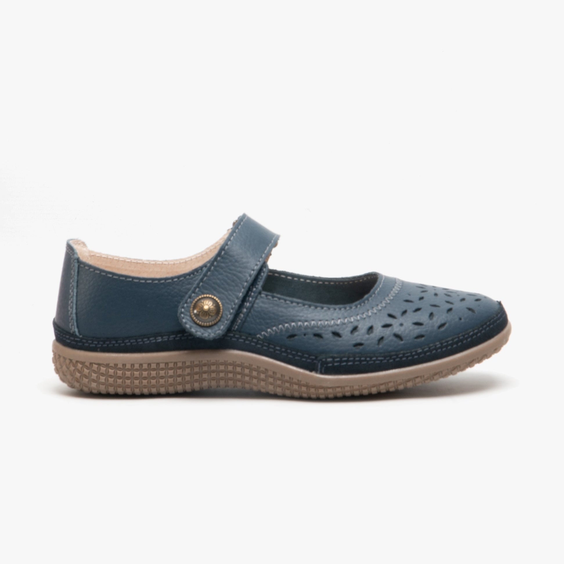 ALEX Womens Extra Wide EEE Leather Velcro Mary Jane Shoes Navy