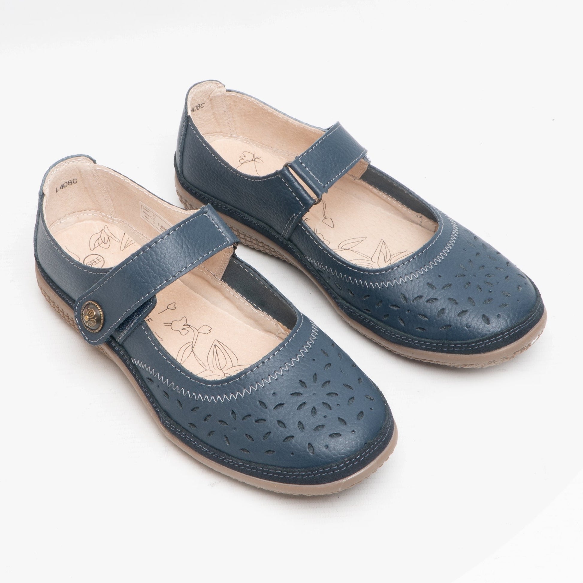 ALEX Womens Extra Wide EEE Leather Velcro Mary Jane Shoes Navy