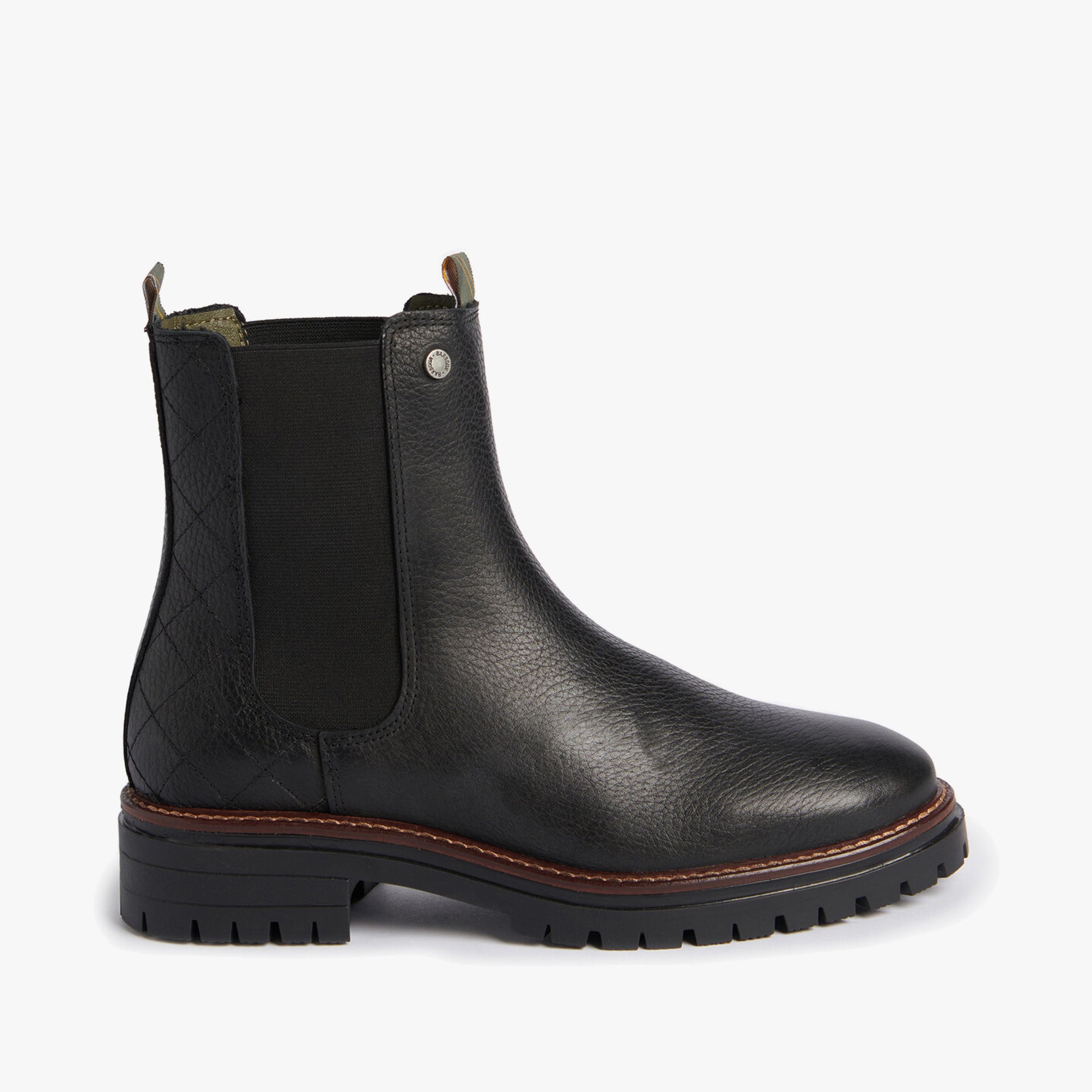Barbour EVIE Womens Boots Black side view showing leather and nylon upper, elasticated side panel, and block heel design.