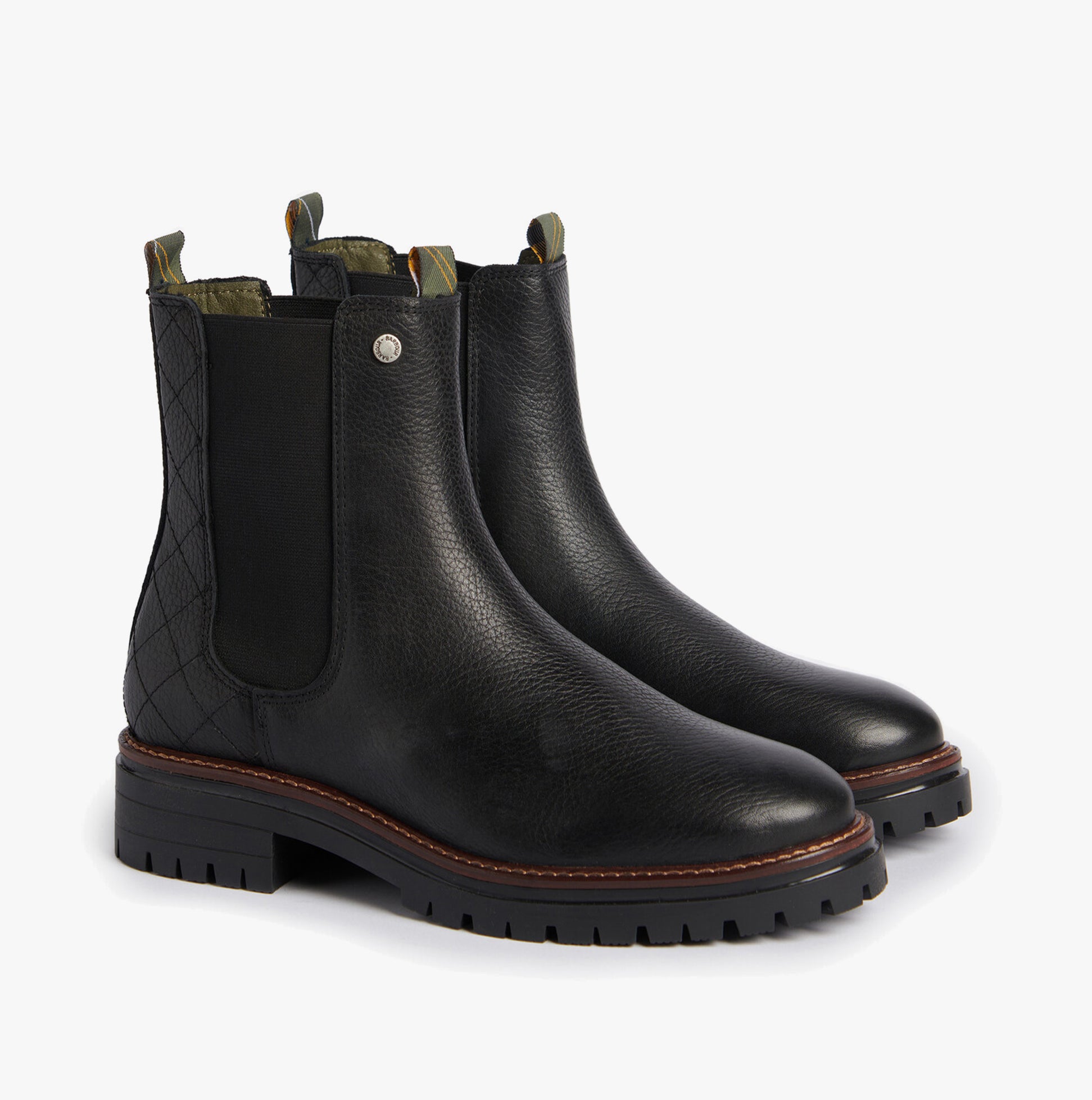 Barbour EVIE Womens Boots Black side view showcasing leather upper, elasticated side panels, and block heel design.