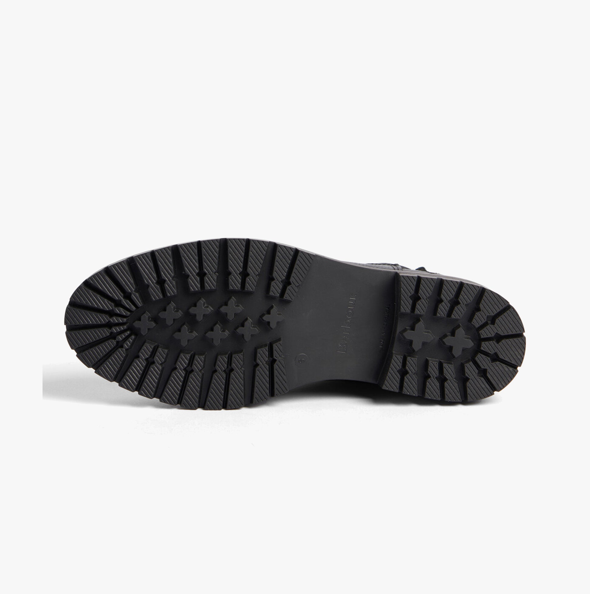 Barbour EVIE Womens Boots Black bottom view showing rubber sole with tread pattern and grip features.