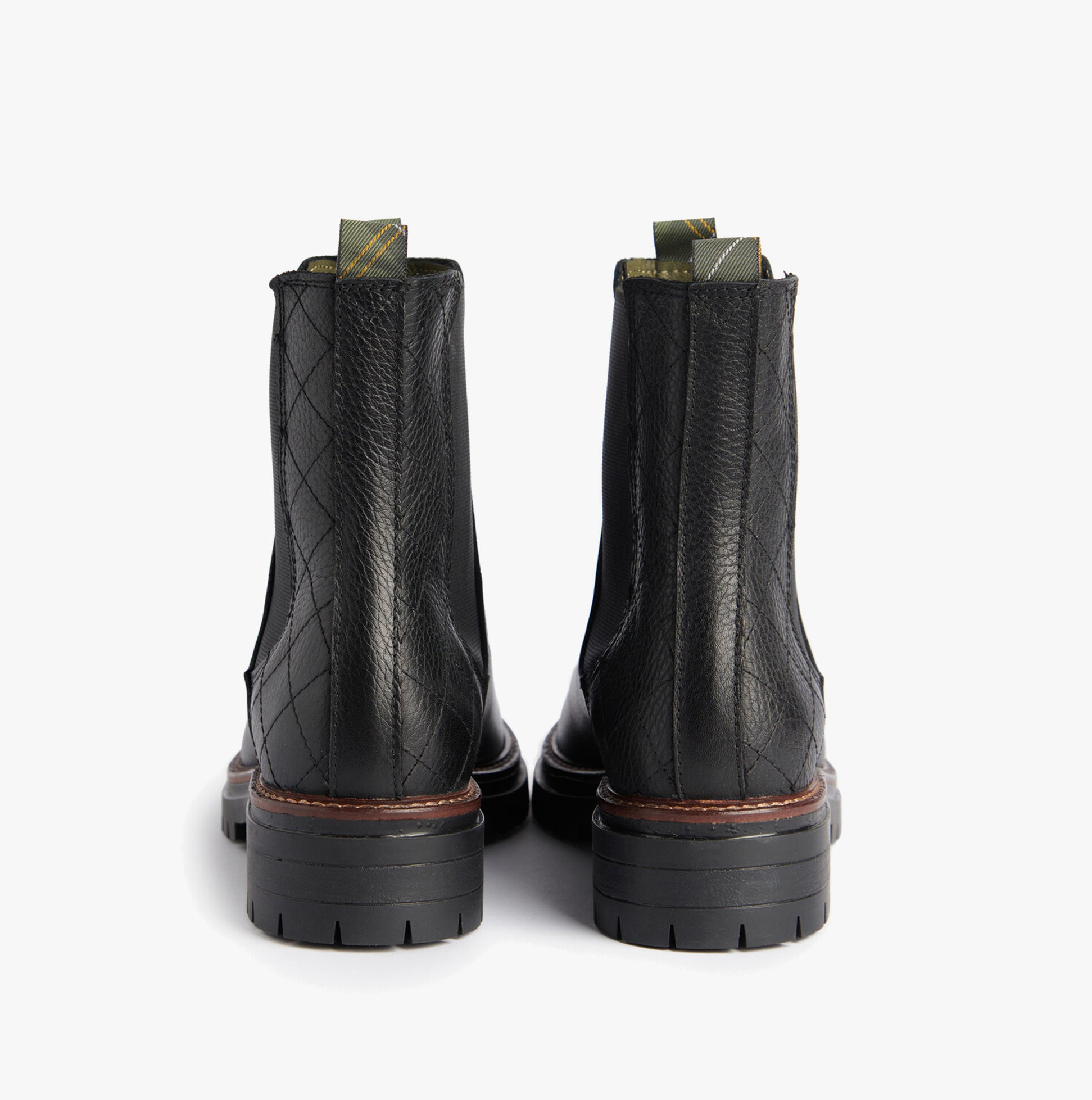 Barbour EVIE Womens Boots Black rear view showcasing ankle height and block heel design in black leather.