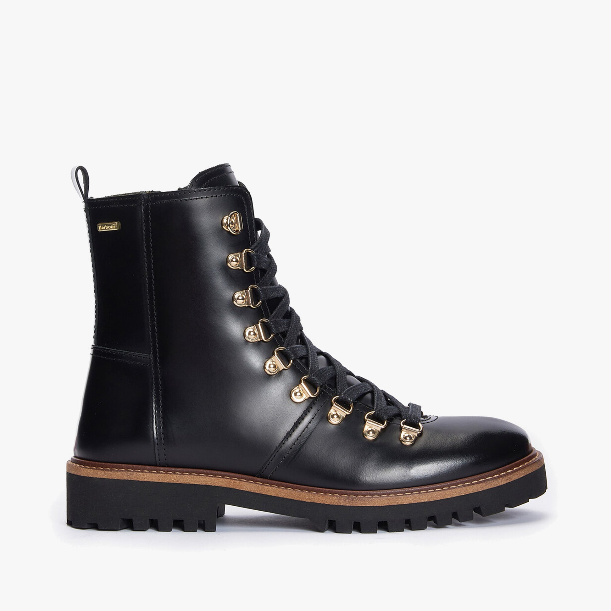 Barbour BLAKE Womens Hiker Boots Black Polido side view showcasing leather upper and block heel.