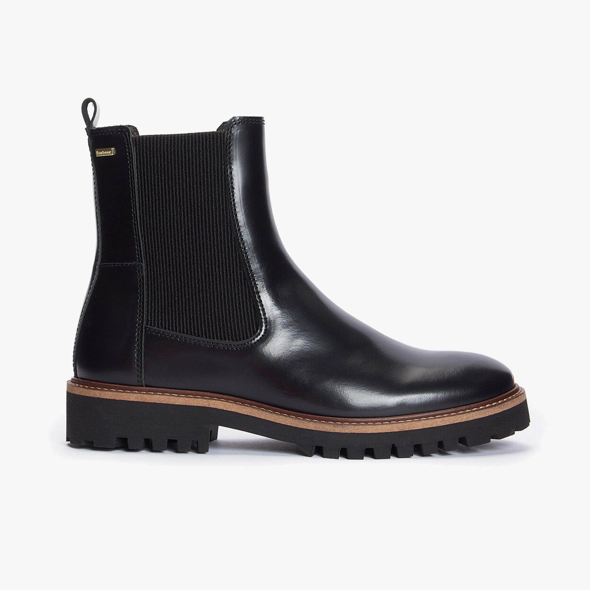 Barbour HARMBY Womens Chelsea Boots Black Polido side view showing leather upper and elasticated side panel.