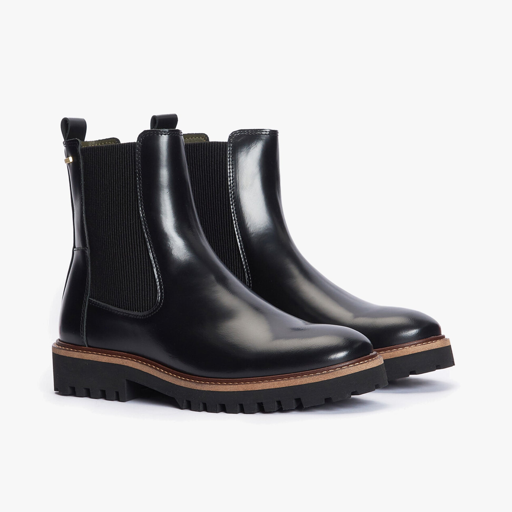 Barbour HARMBY Womens Chelsea Boots Black Polido side view showcasing polished leather and elasticated side panels.