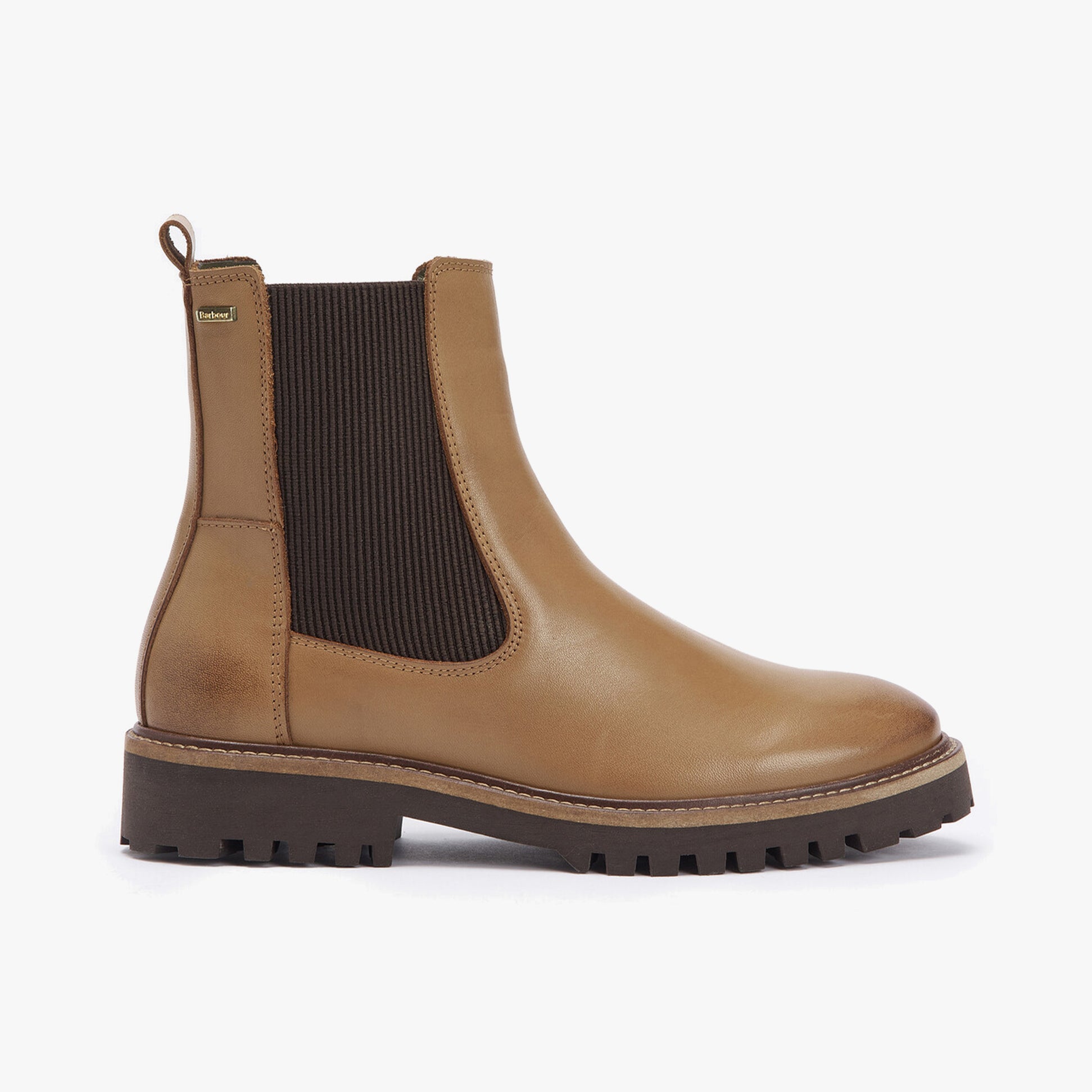 Barbour HARMBY Womens Chelsea Boots Chestnut side view, leather upper, elasticated side panel, block heel.