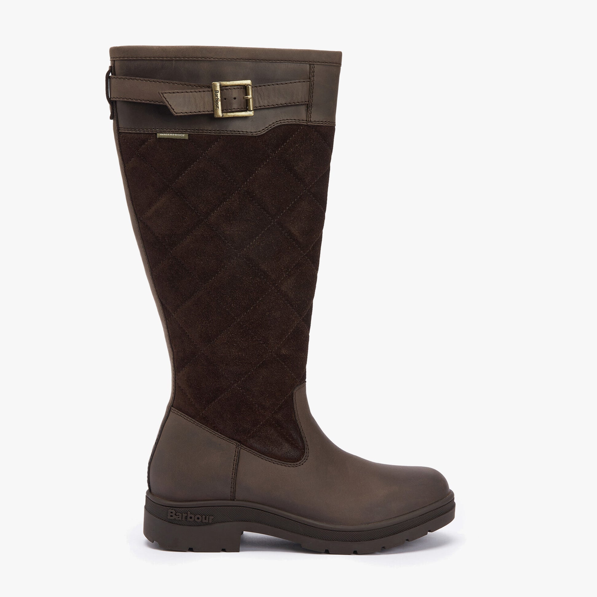 Barbour OAK Womens Waterproof Tall Boots Brown side view highlighting leather and suede upper.