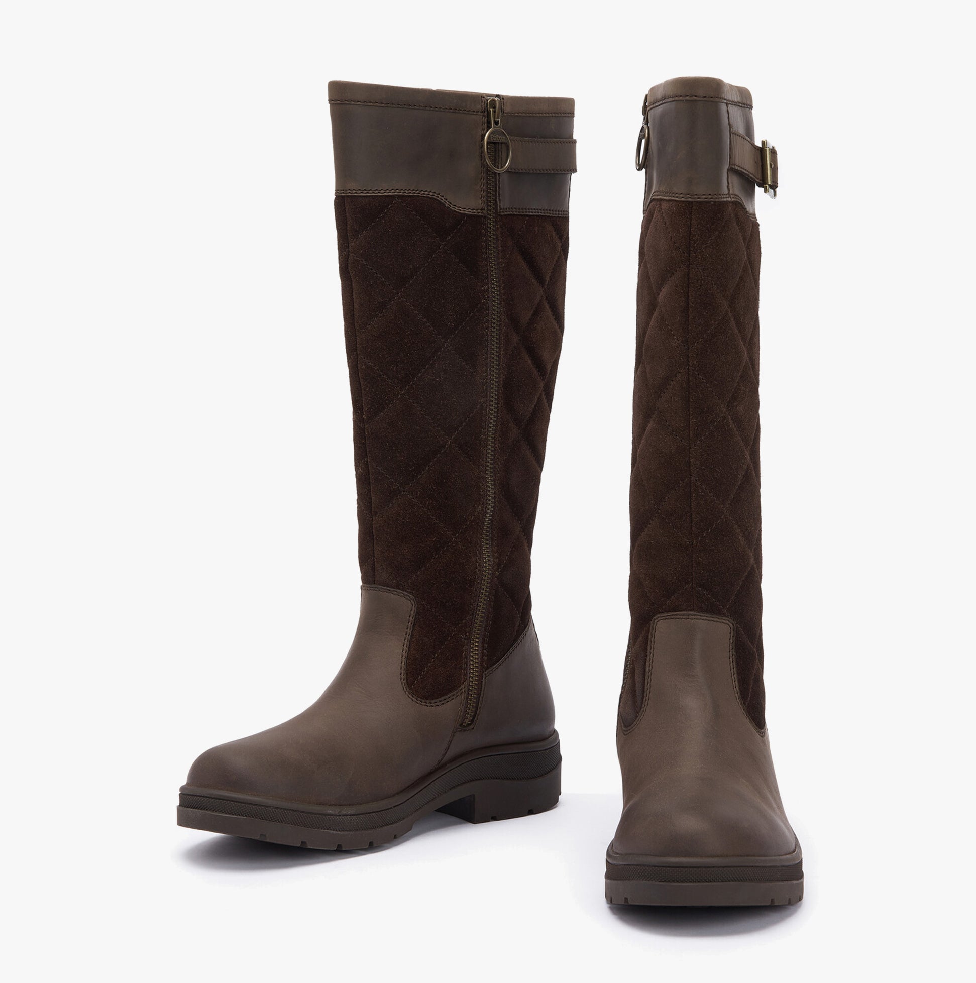 Barbour OAK Womens Waterproof Tall Boots Brown side view showing leather and suede materials and knee-high design.