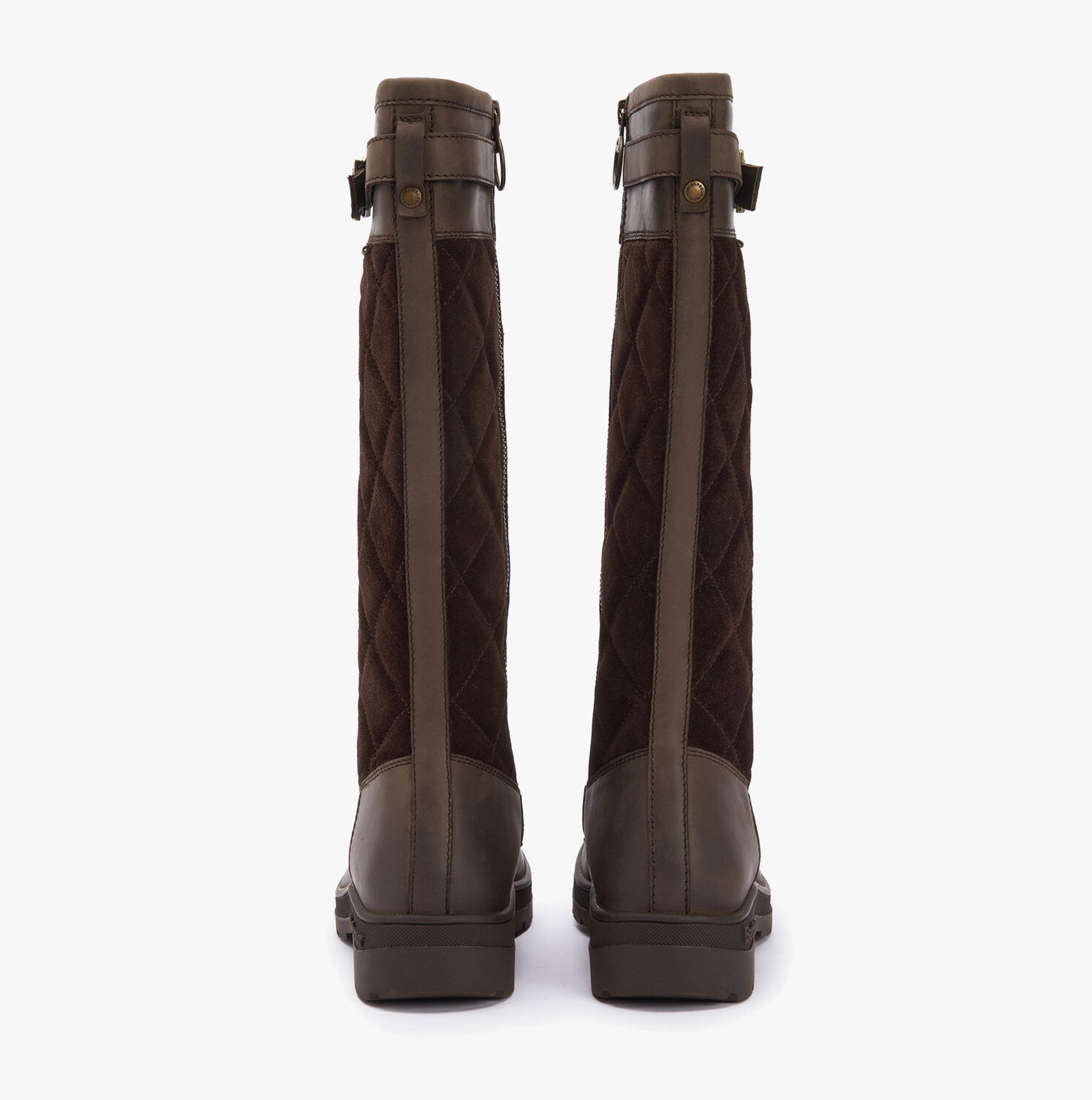 Barbour OAK Womens Waterproof Tall Boots Brown rear view showcasing knee-high design and quilted suede finish.