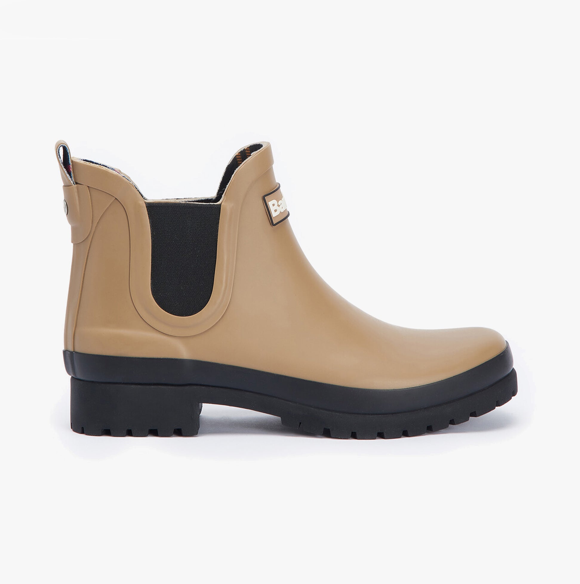 Barbour MALLOW Womens Chelsea Wellies Sandstone/Black side view showcasing synthetic upper and block heel.