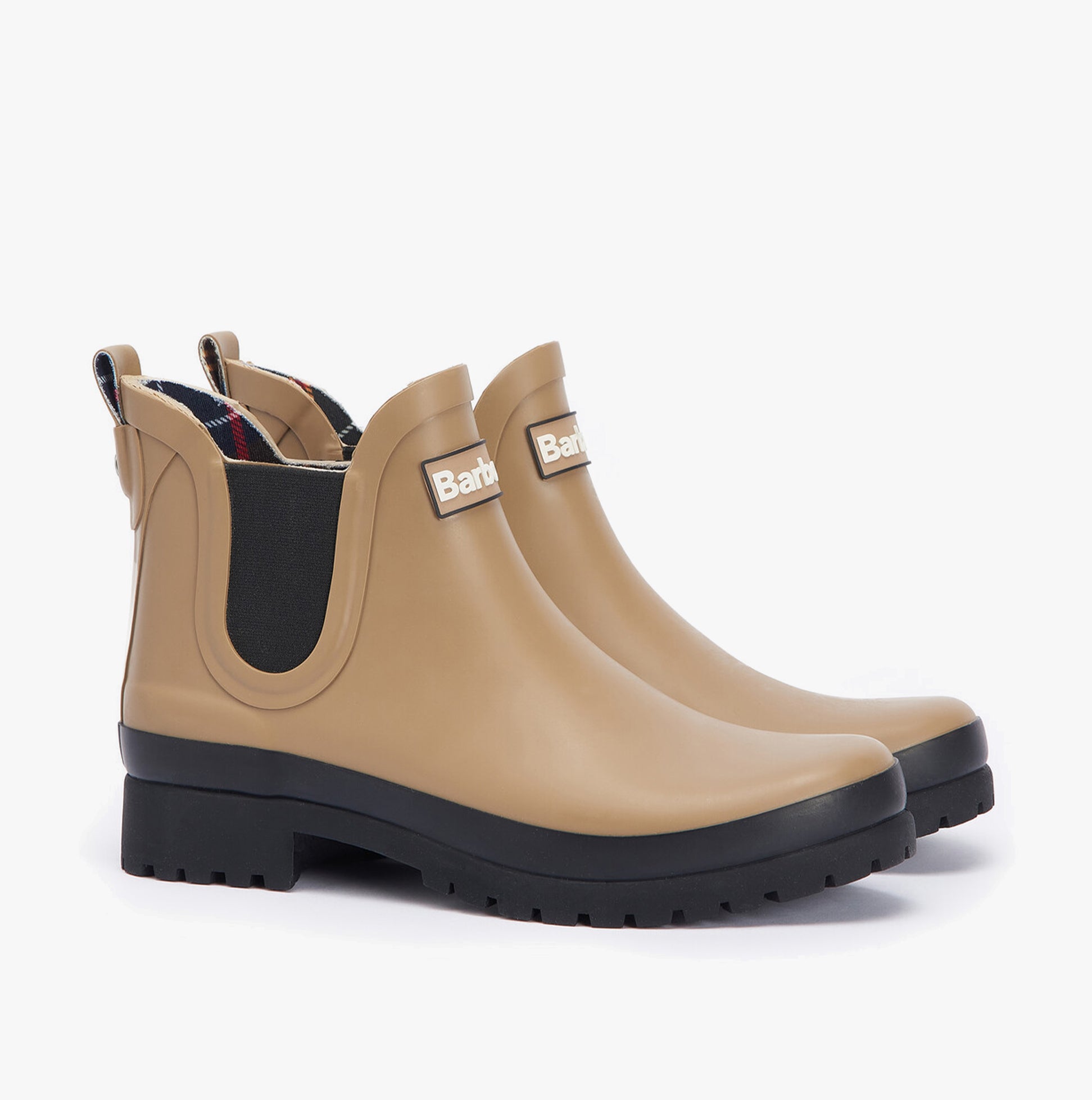 Barbour MALLOW Womens Chelsea Wellies Sandstone/Black side view showcasing synthetic/rubber upper and block heel.