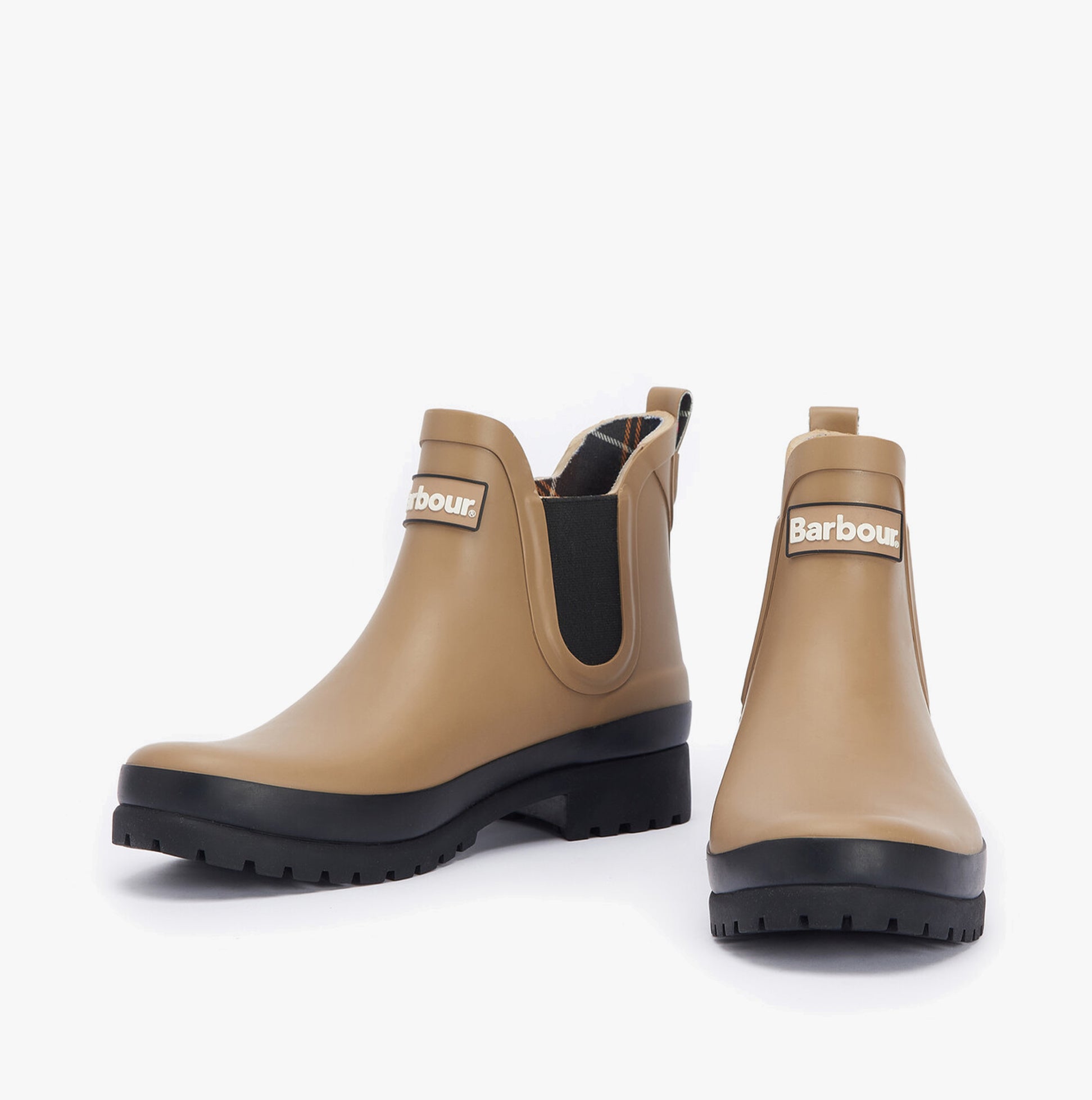 Barbour MALLOW Womens Chelsea Wellies Sandstone/Black side view showcasing elasticated side panel and block heel.