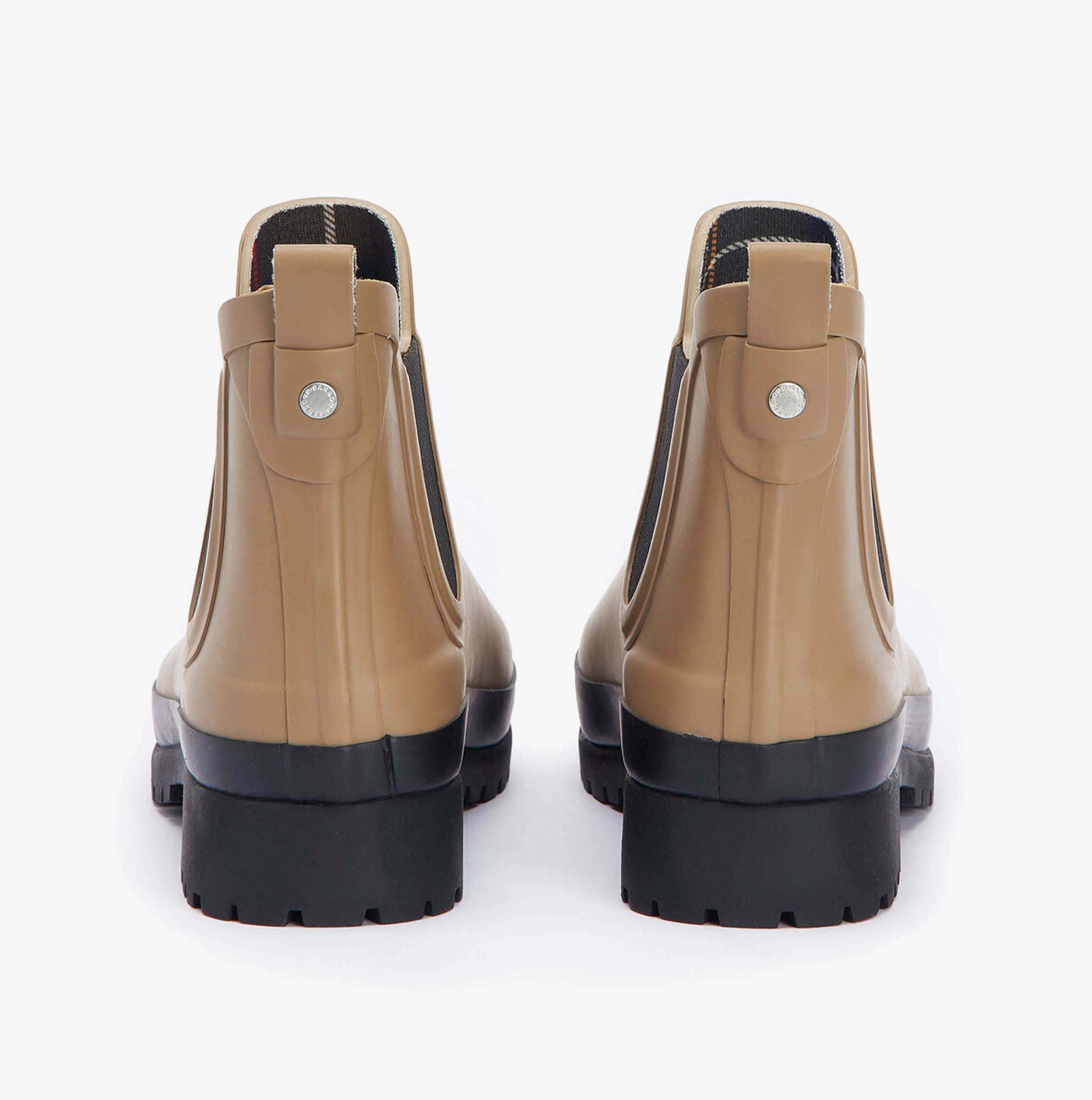 Barbour MALLOW Womens Chelsea Wellies Sandstone/Black back view showcasing block heel and elasticated side panel.