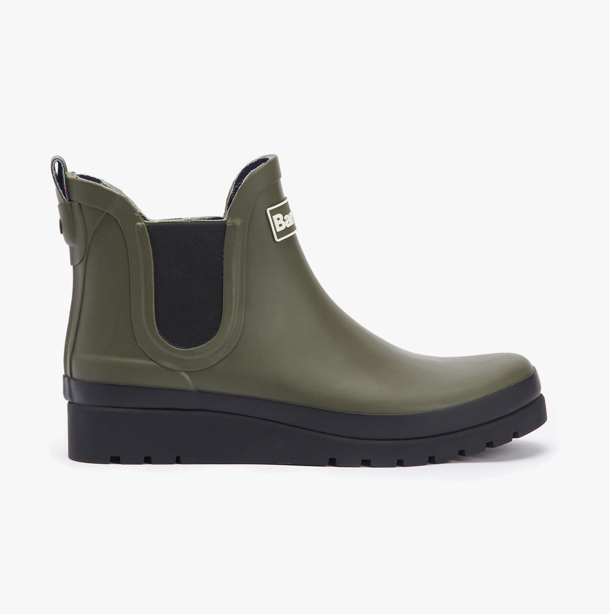 Barbour CLIFTON Womens Chelsea Wellies Olive/Black side view with wedge heel and elasticated side panel.