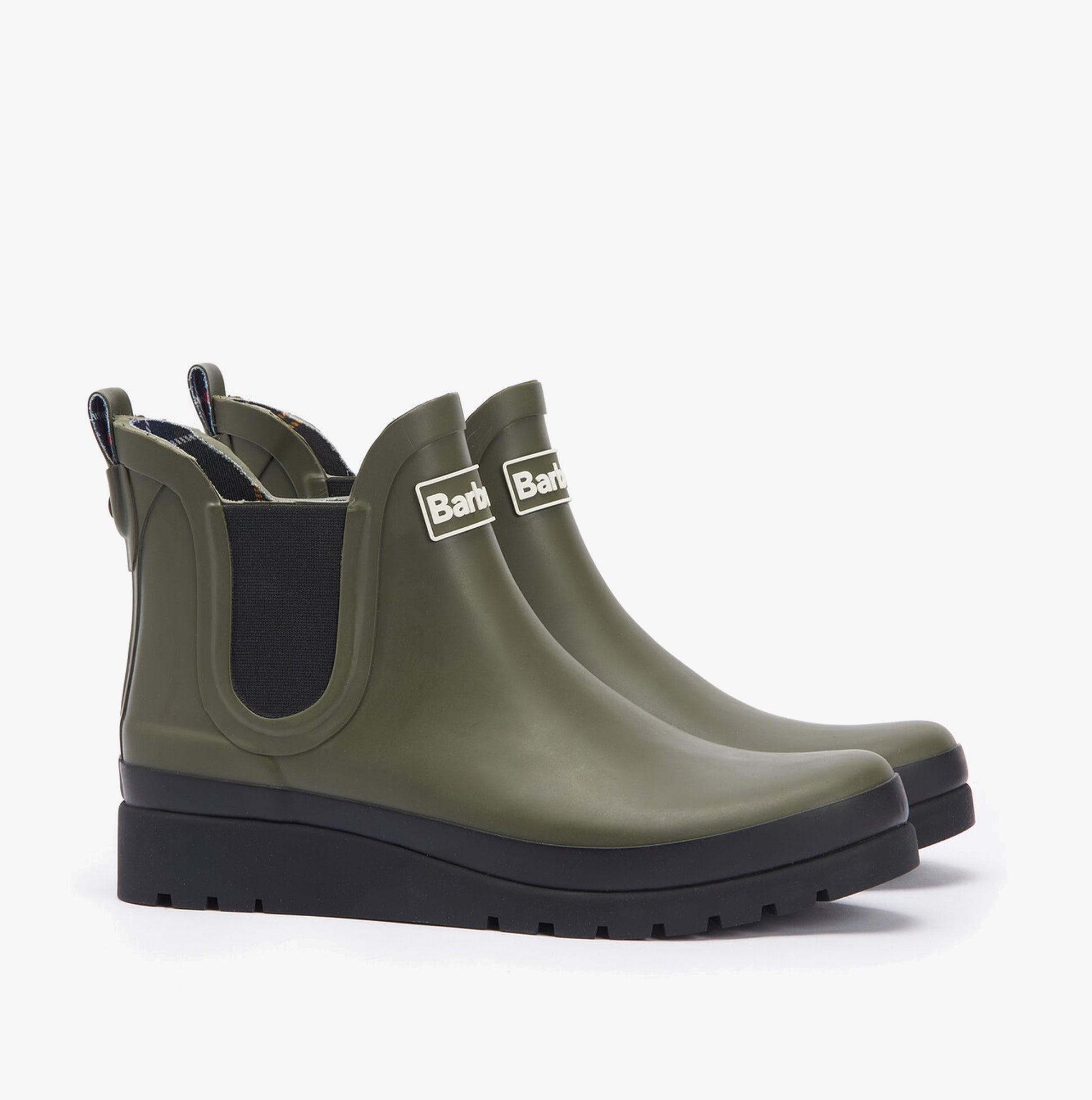 Barbour CLIFTON Womens Chelsea Wellies Olive/Black side view of rubber ankle rain boots with wedge heel.