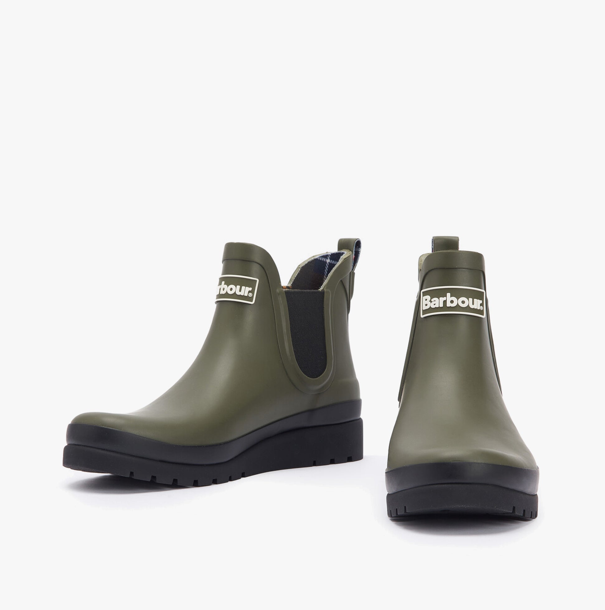Barbour CLIFTON Womens Chelsea Wellies Olive/Black side view showing wedge heel and elasticated side panel.