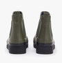 Barbour CLIFTON Womens Chelsea Wellies Olive/Black rear view showing green rubber upper and black wedge sole.