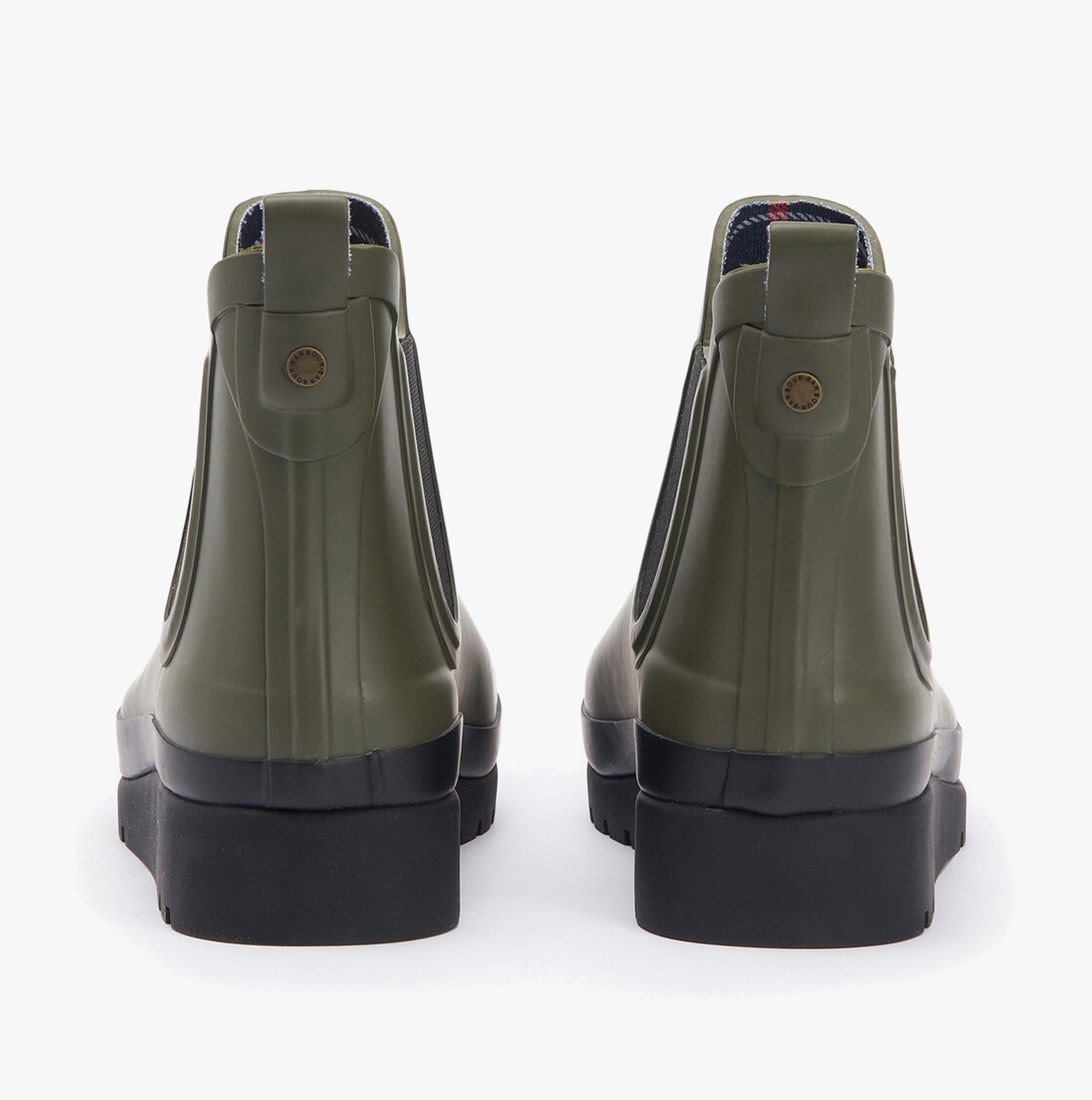 Barbour CLIFTON Womens Chelsea Wellies Olive/Black rear view showing green rubber upper and black wedge sole.