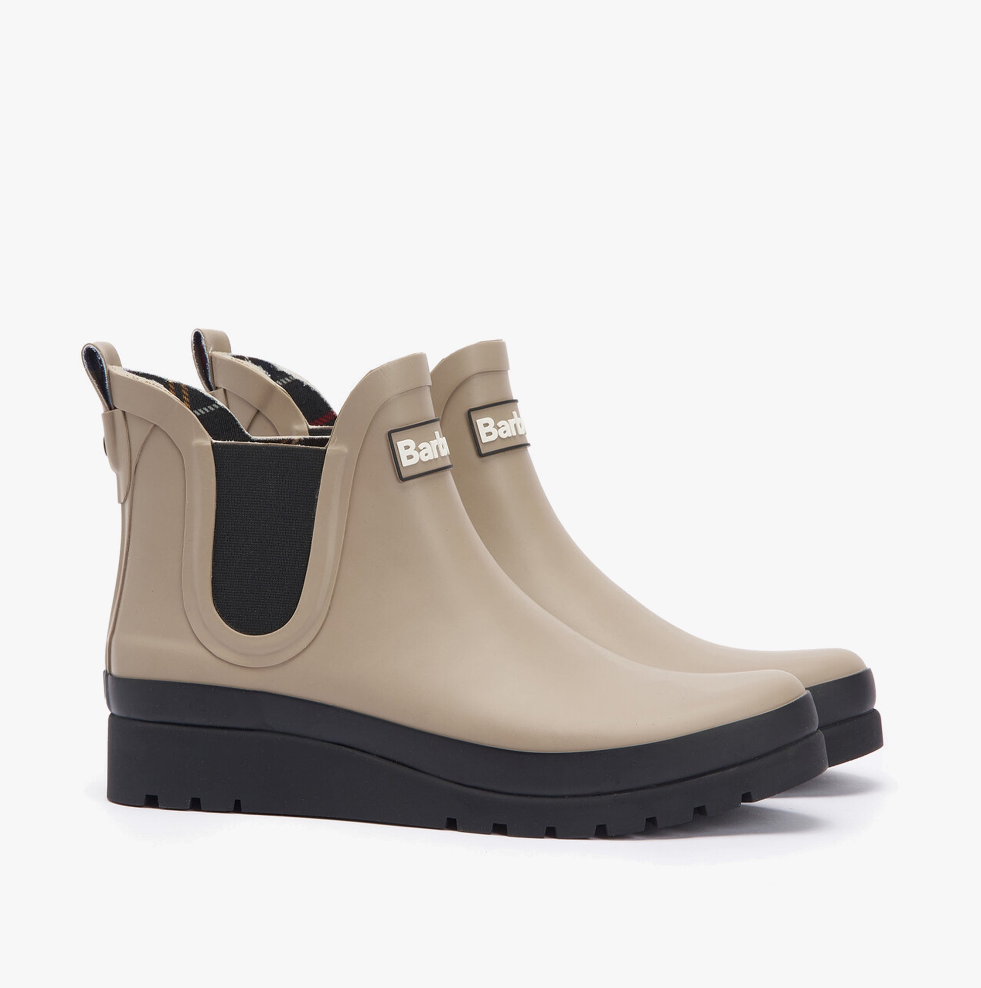 Barbour CLIFTON Womens Chelsea Wellies Light Trench/Black side view showing wedge heel and elasticated side panel.