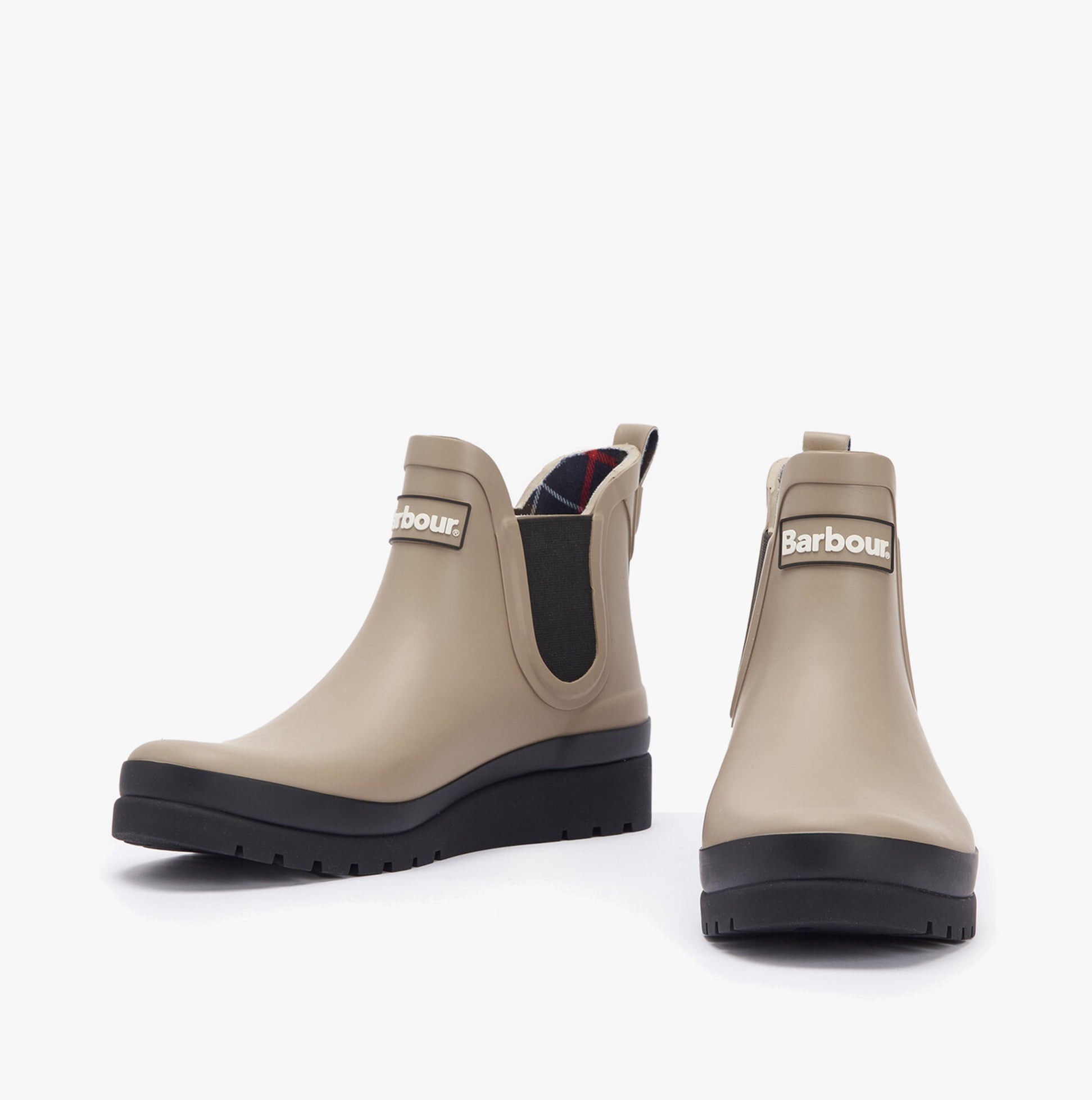 Barbour CLIFTON Womens Chelsea Wellies Light Trench/Black side view showing elasticated side panel and wedge heel.