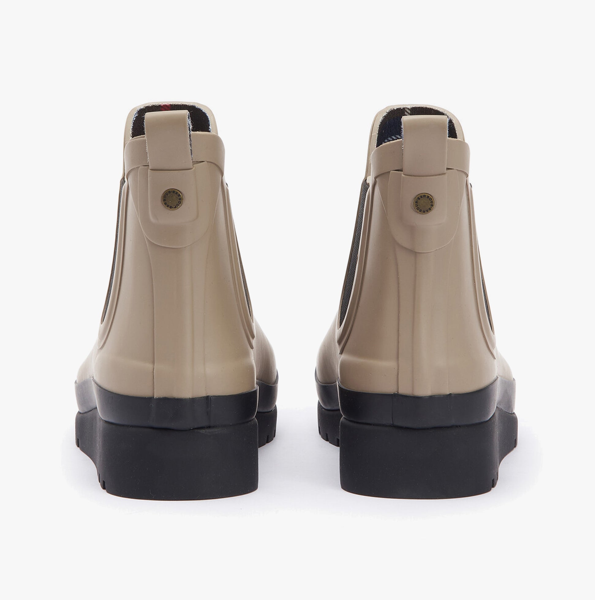Barbour CLIFTON Womens Chelsea Wellies Light Trench/Black rear view showing rubber upper and wedge heel design.