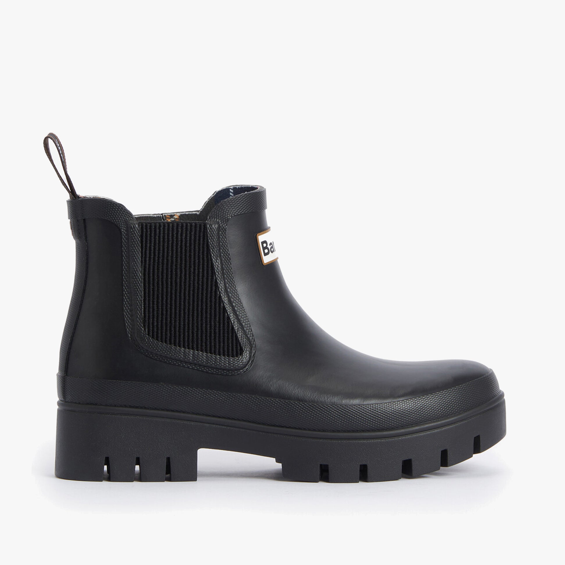 Barbour HALTON Womens Chelsea Wellies Black side view with elasticated side panel and block heel.