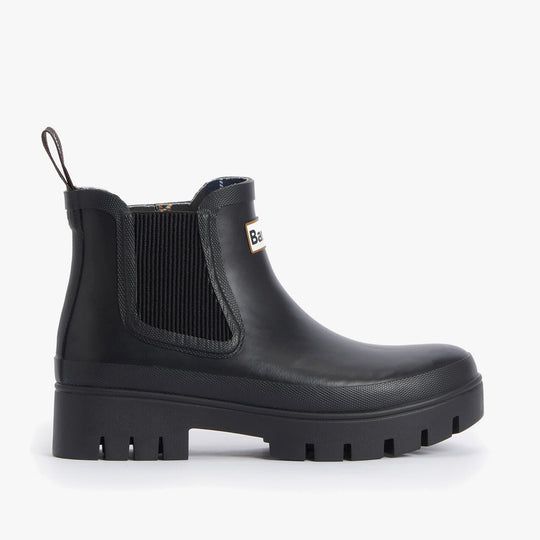 Barbour HALTON Womens Chelsea Wellies Black side view with elasticated side panel and block heel.